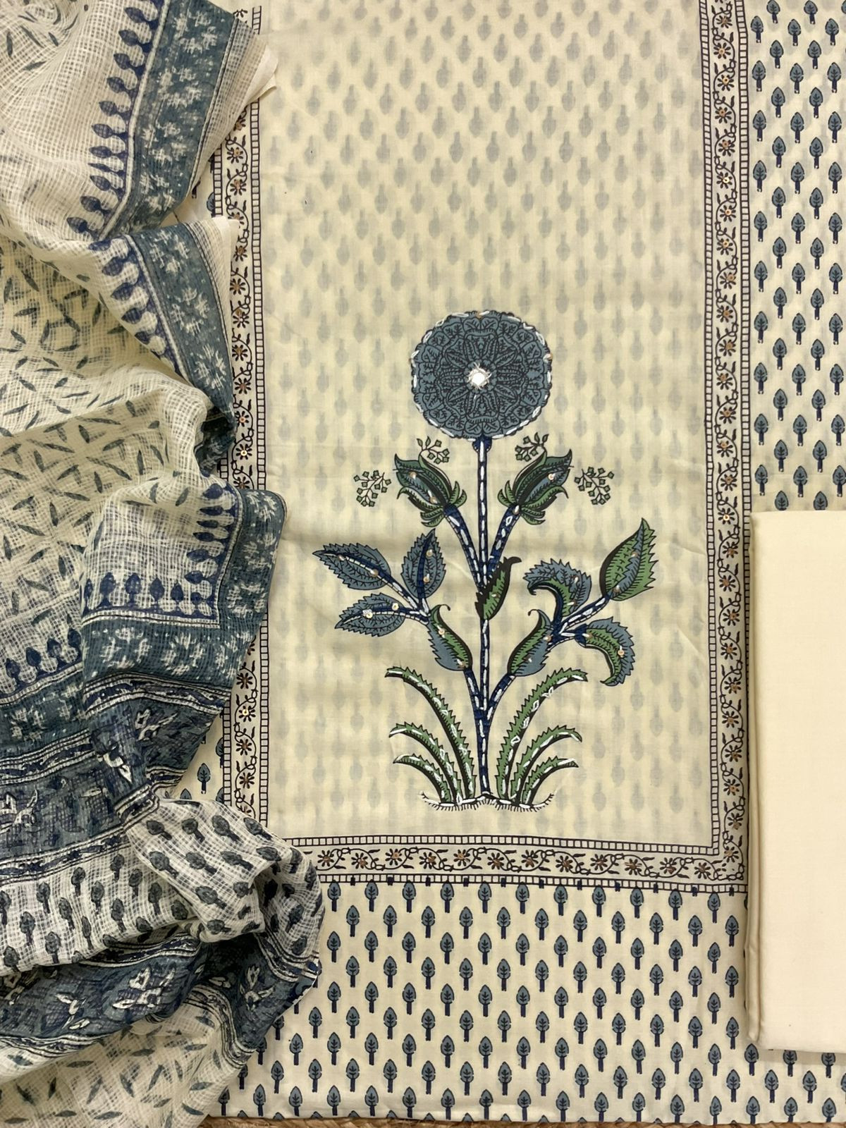 Pure Fine Cotton Printed Embroidered Suit - Cream