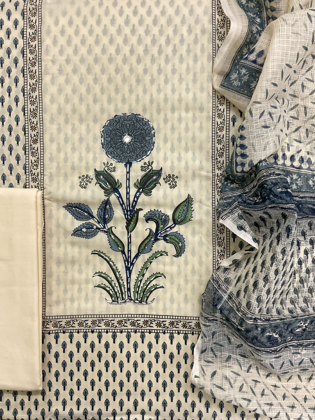 Pure Fine Cotton Printed Embroidered Suit - Cream