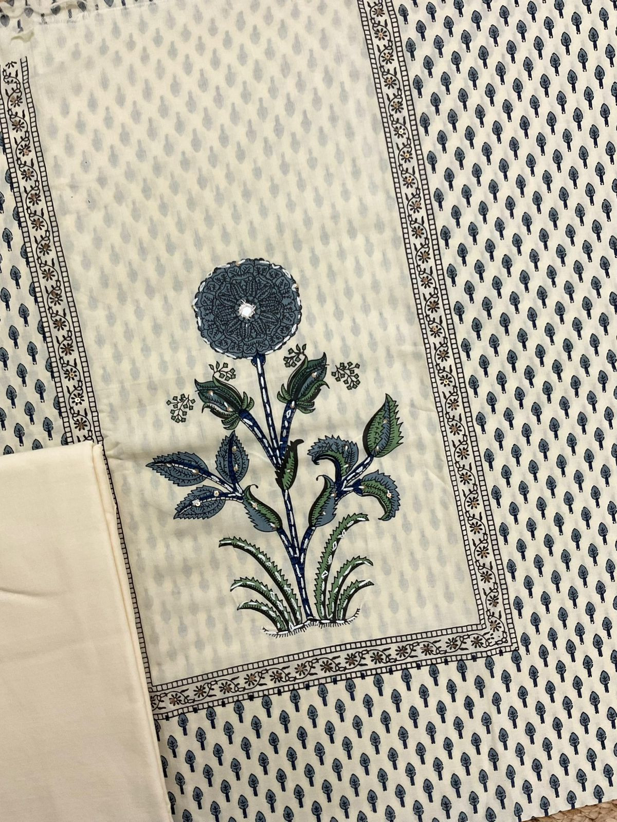 Pure Fine Cotton Printed Embroidered Suit - Cream