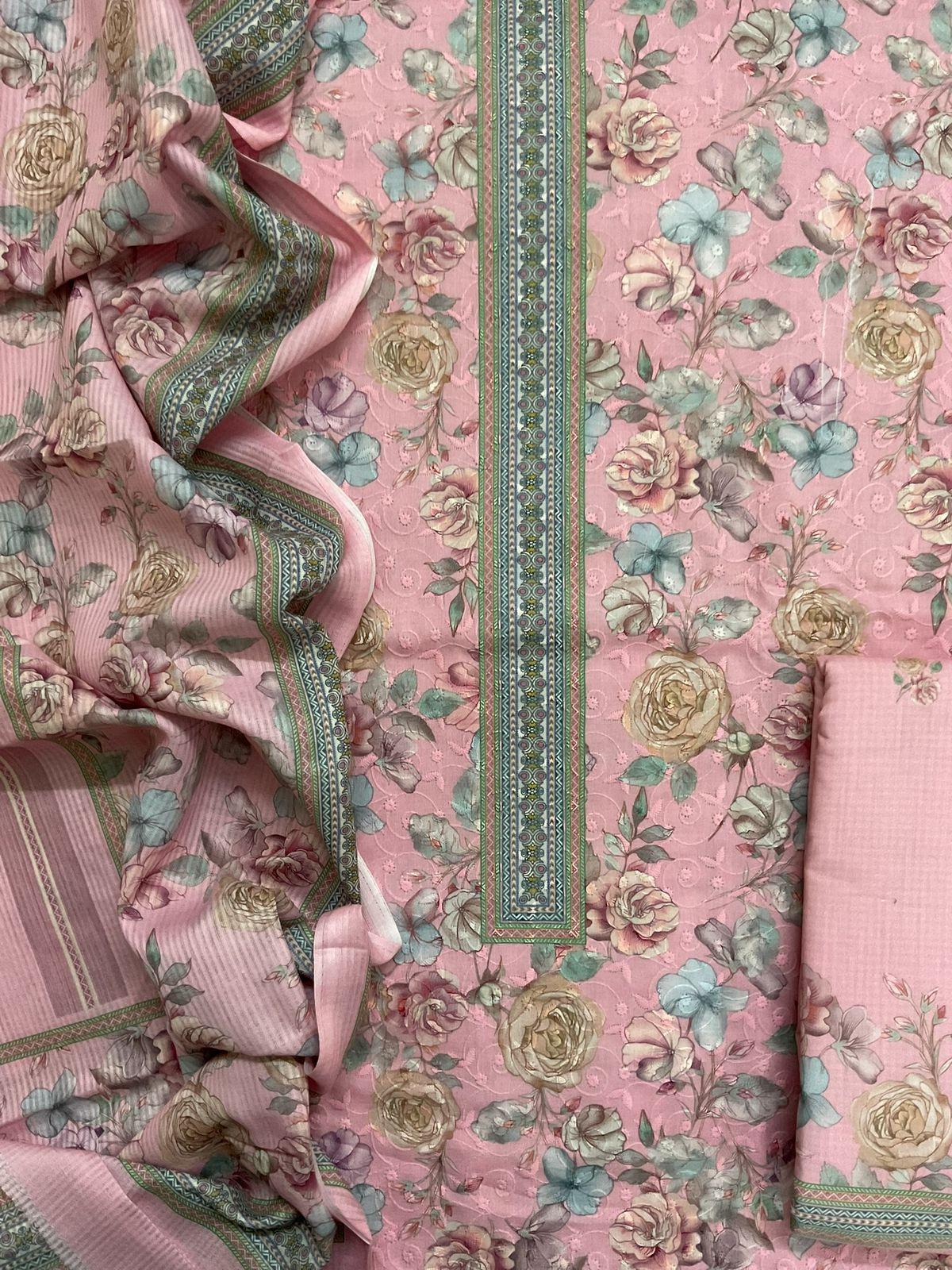 Soft Rayon Cotton Printed Embroidered Suit - Pink