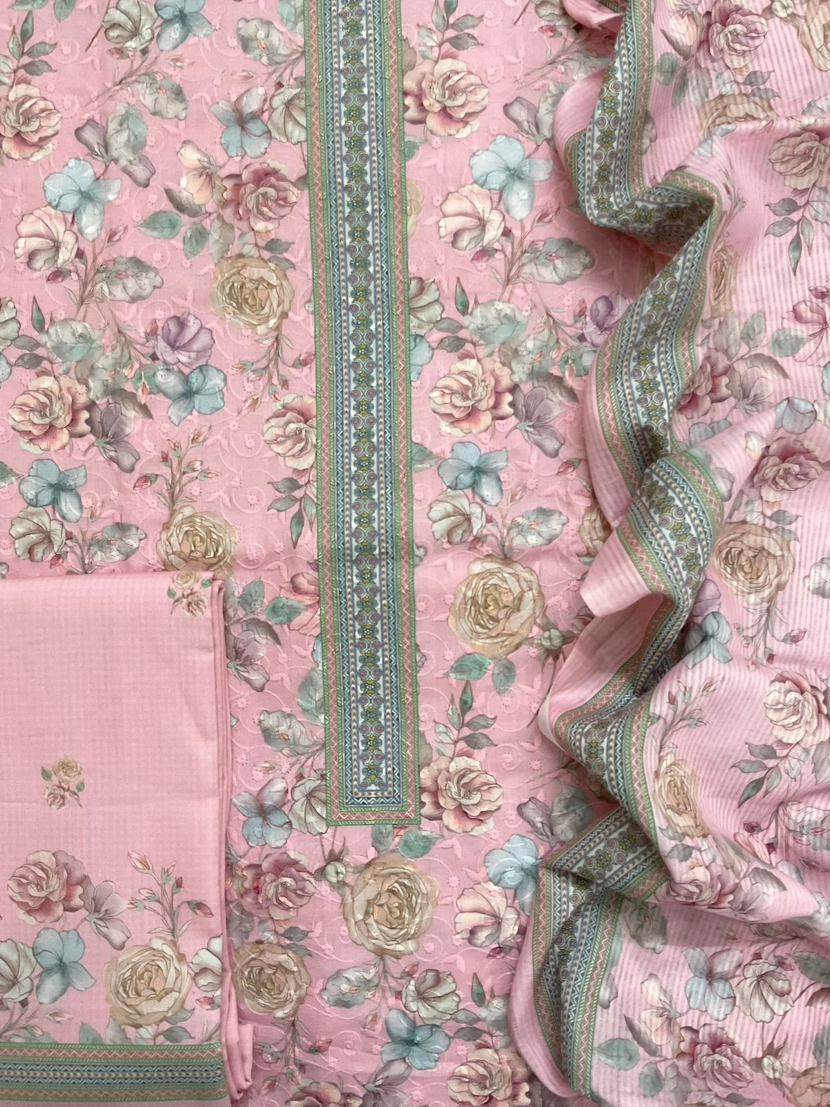 Soft Rayon Cotton Printed Embroidered Suit - Pink