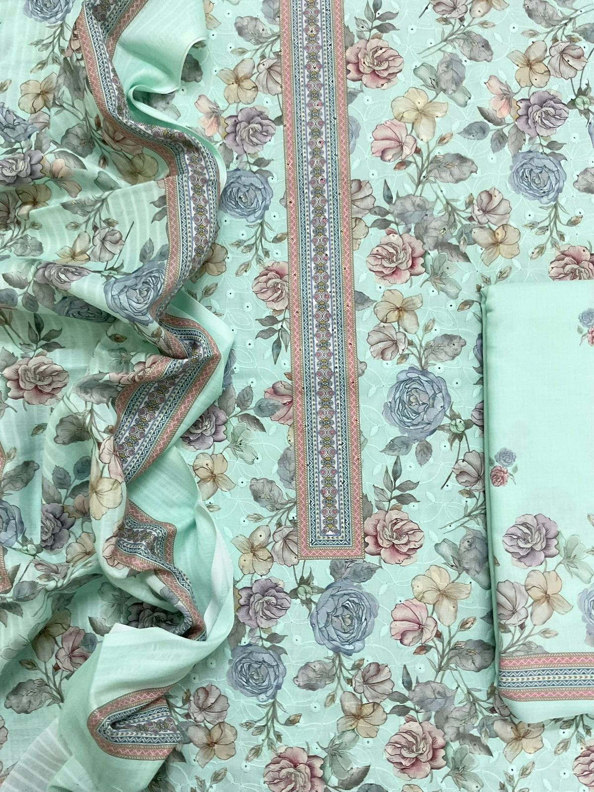 Soft Rayon Cotton Printed Embroidered Suit - Blue