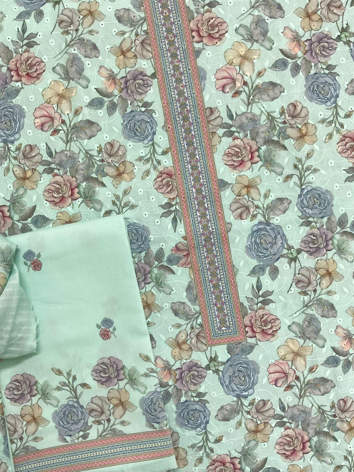 Soft Rayon Cotton Printed Embroidered Suit - Blue