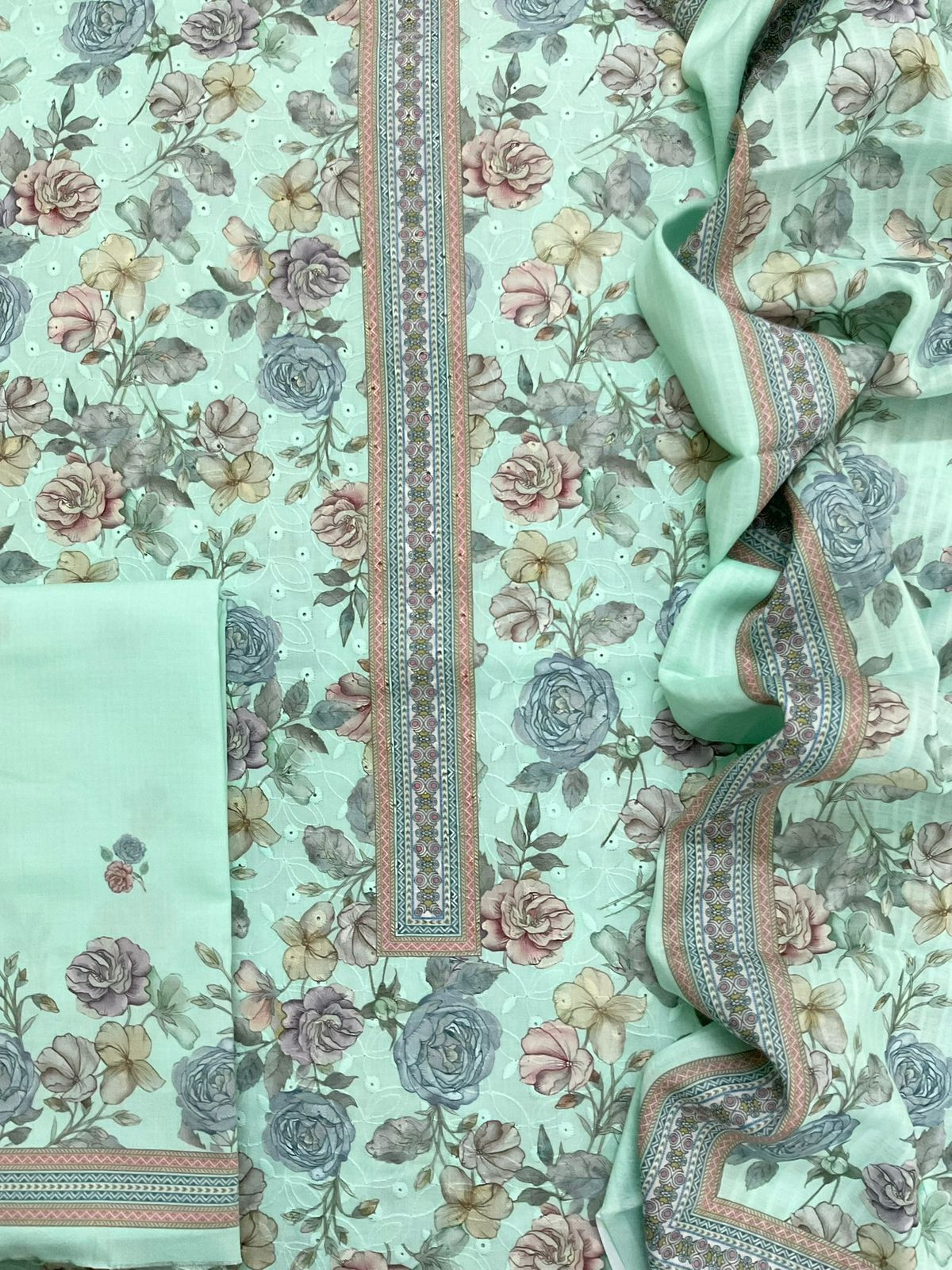 Soft Rayon Cotton Printed Embroidered Suit - Blue