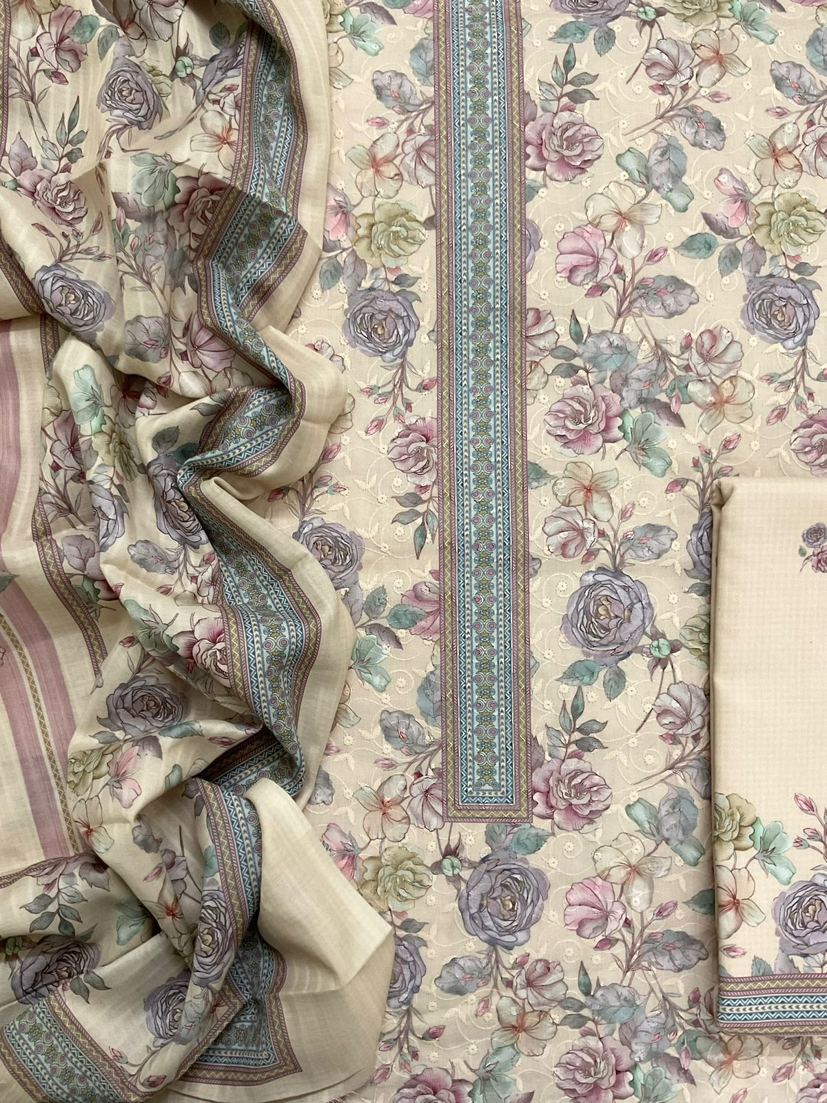 Soft Rayon Cotton Printed Embroidered Suit - Beige