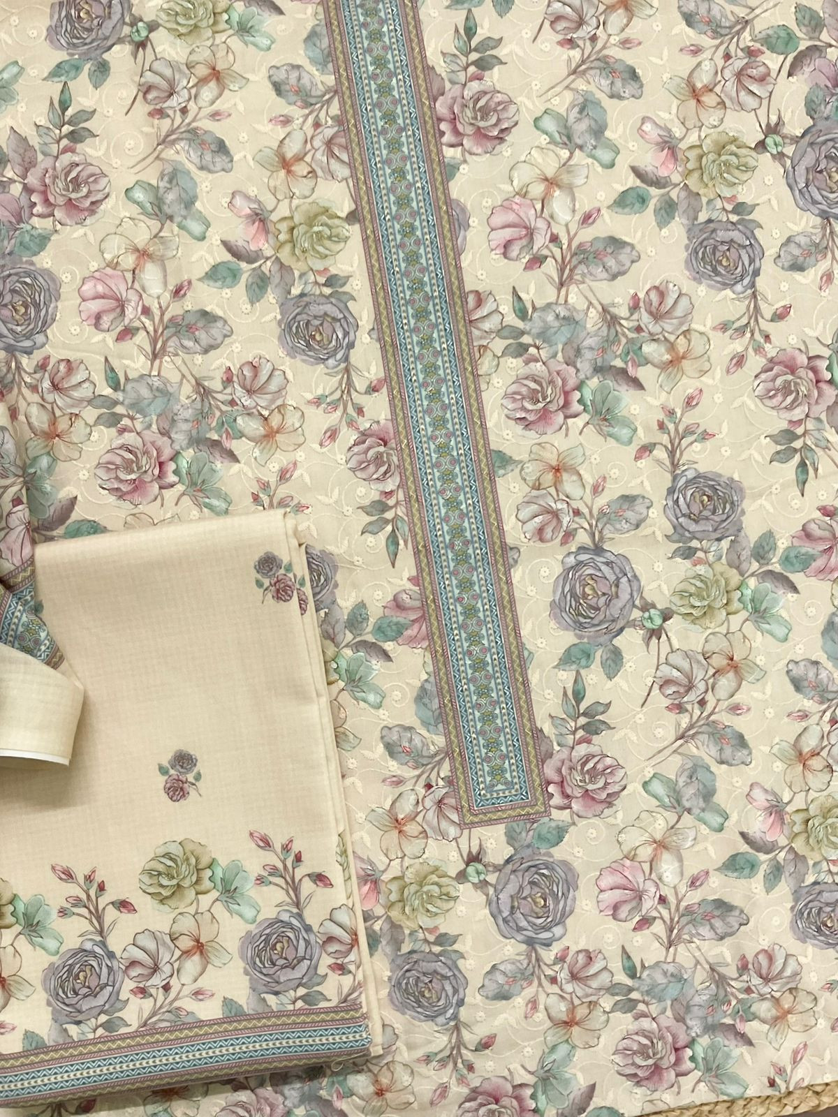 Soft Rayon Cotton Printed Embroidered Suit - Beige