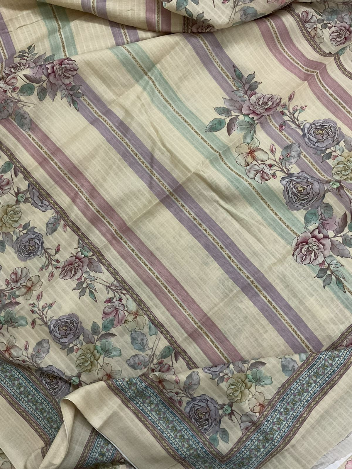 Soft Rayon Cotton Printed Embroidered Suit - Beige