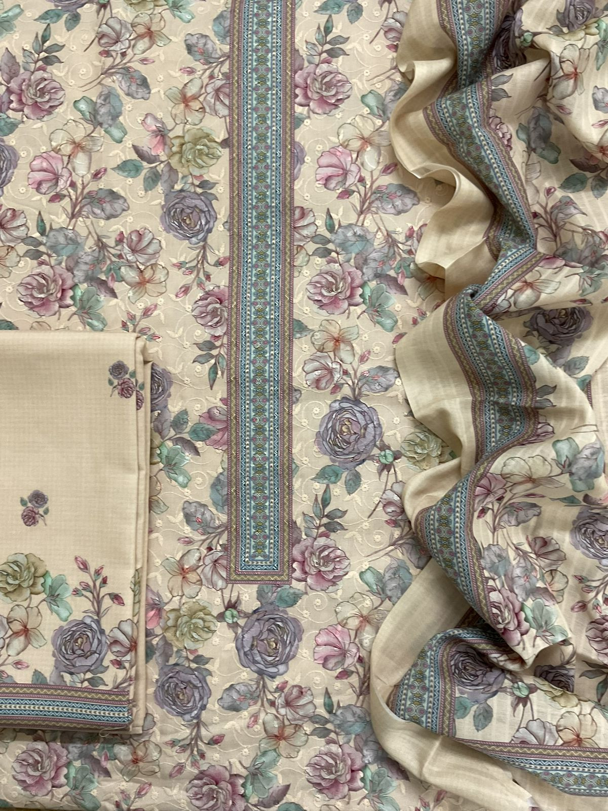 Soft Rayon Cotton Printed Embroidered Suit - Beige