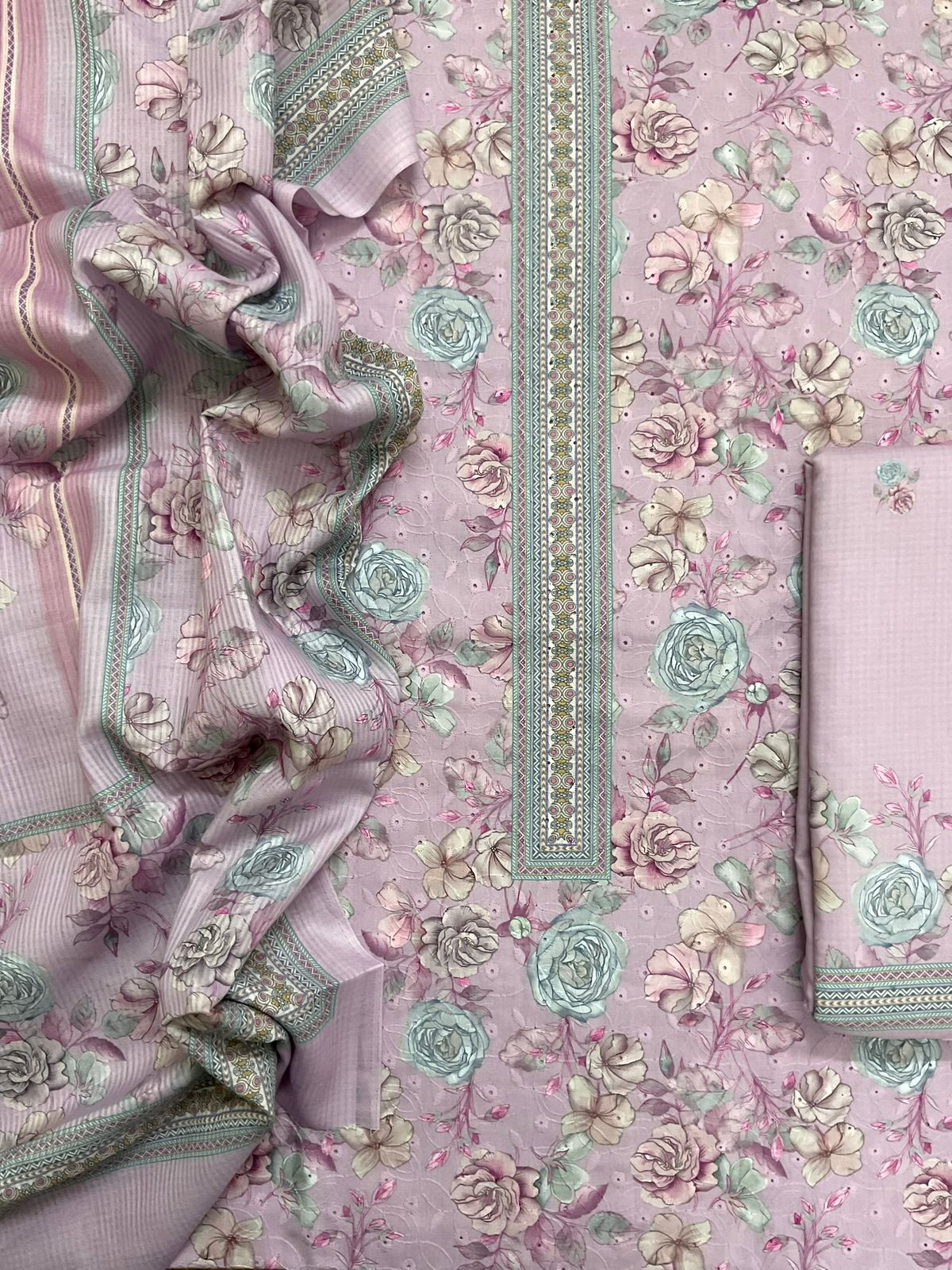 Soft Rayon Cotton Printed Embroidered Suit - Lavender