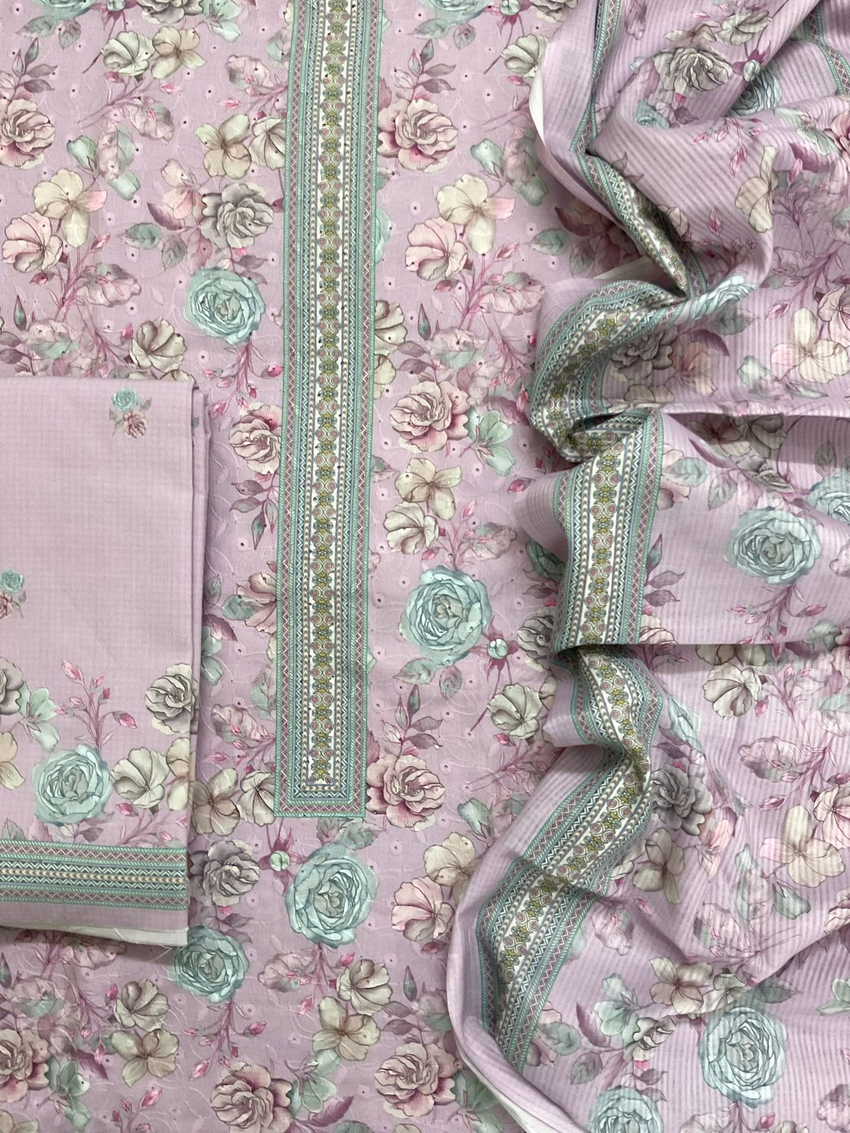 Soft Rayon Cotton Printed Embroidered Suit - Lavender