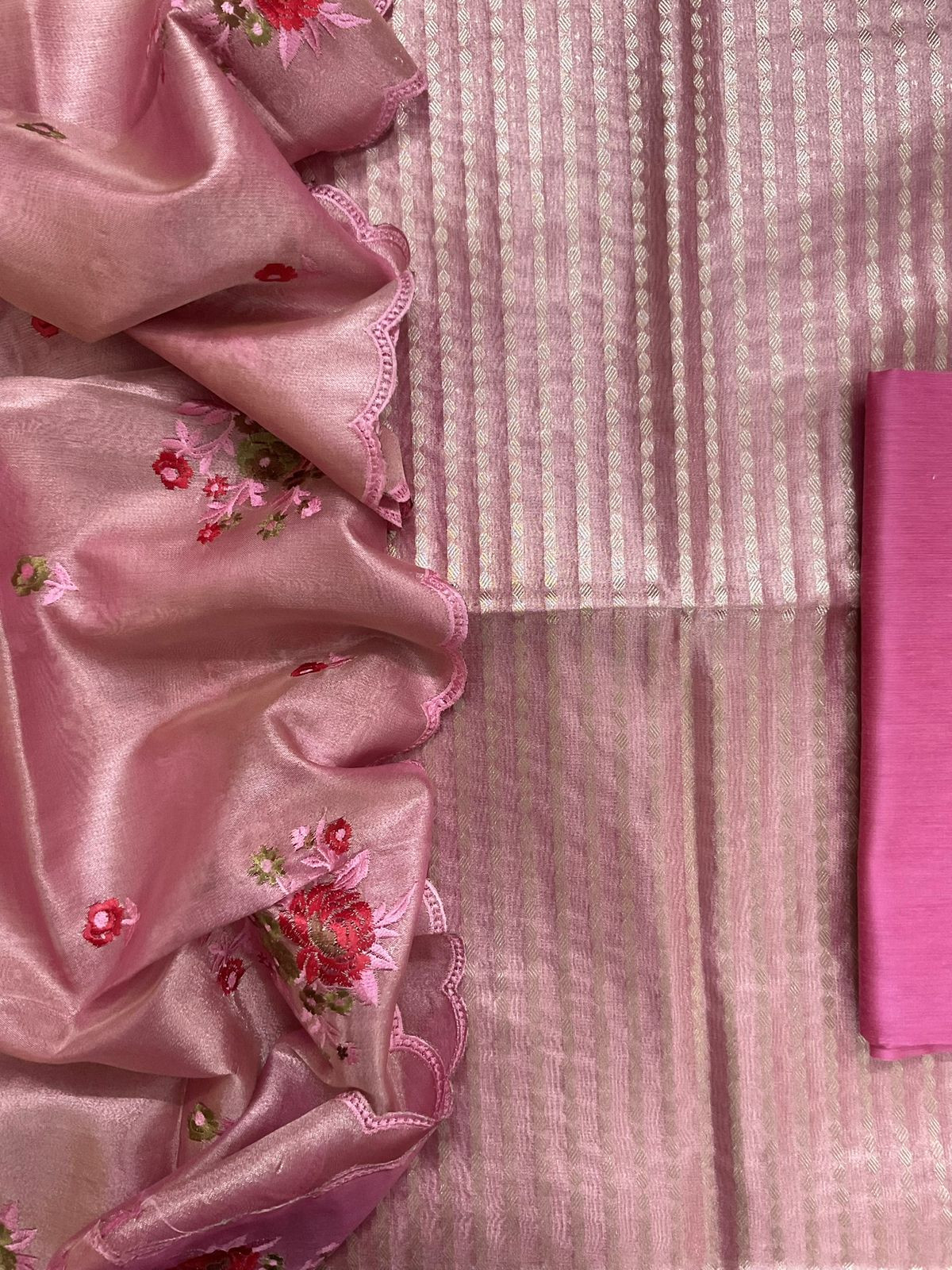 Soft Tissue Chanderi Banarasi Weaved Embroidered Suit - Pink