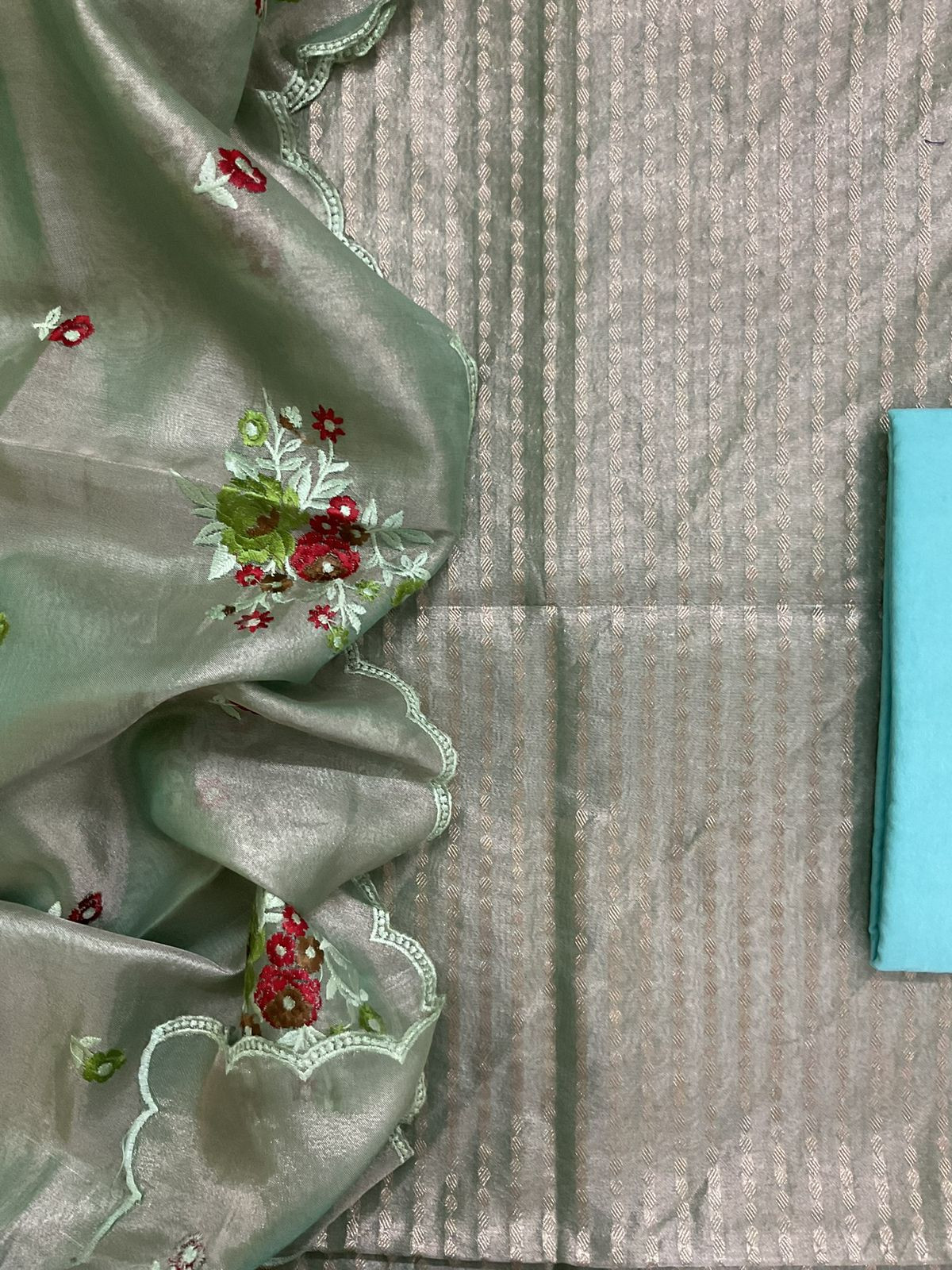 Soft Tissue Chanderi Banarasi Weaved Embroidered Suit - Blue