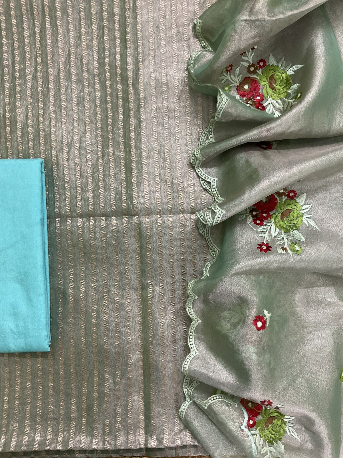 Soft Tissue Chanderi Banarasi Weaved Embroidered Suit - Blue