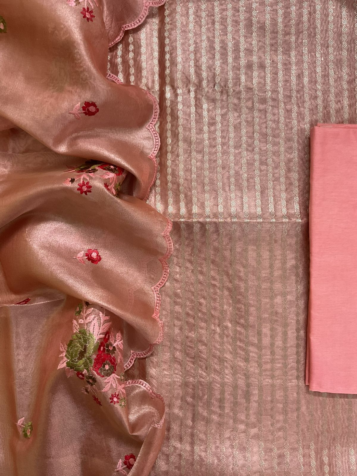 Soft Tissue Chanderi Banarasi Weaved Embroidered Suit - Peach