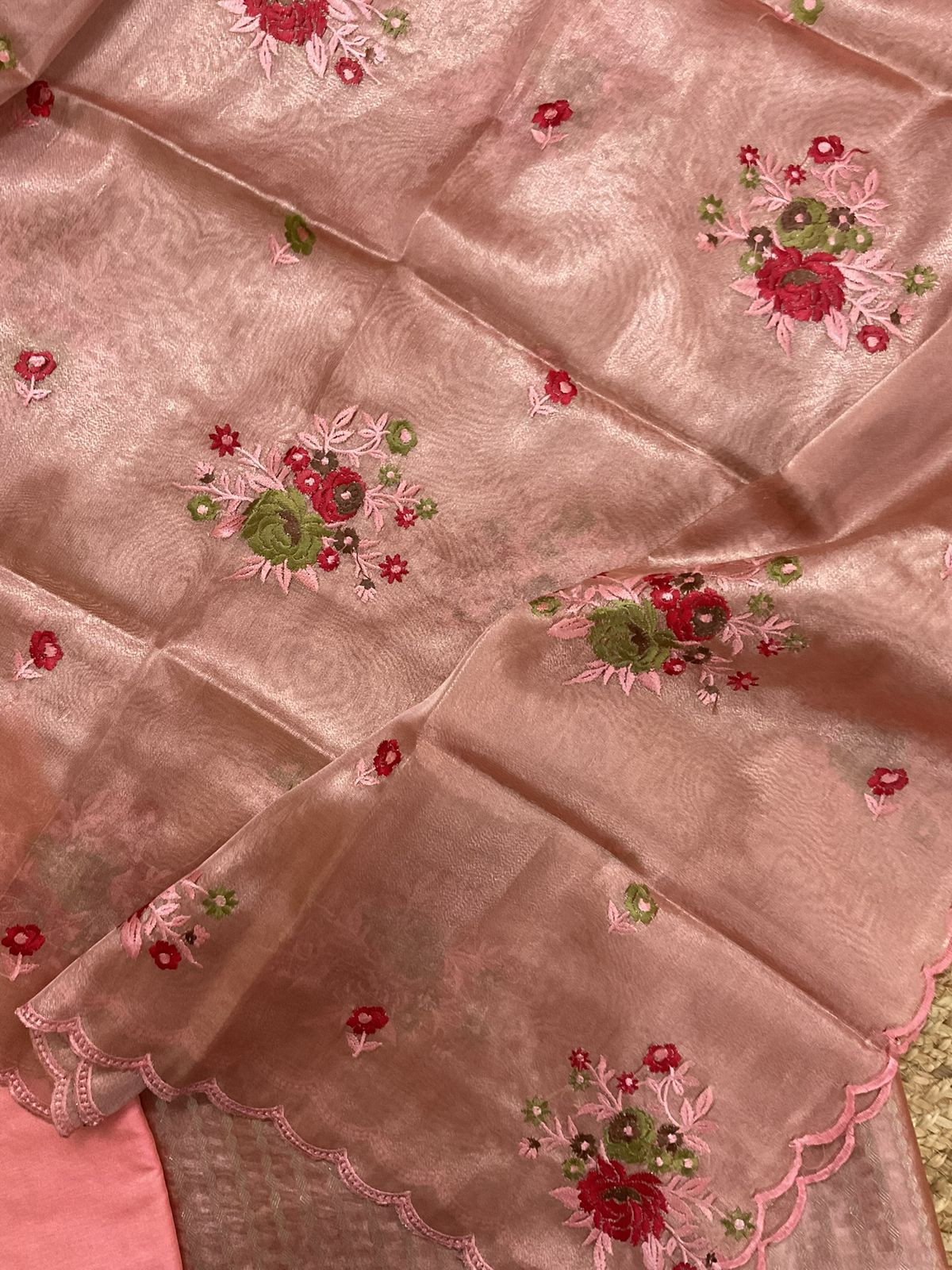 Soft Tissue Chanderi Banarasi Weaved Embroidered Suit - Peach