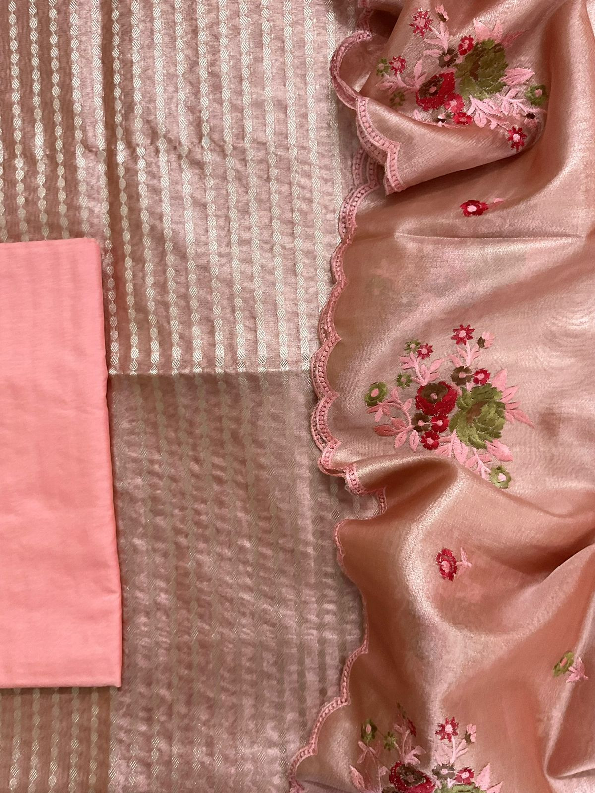 Soft Tissue Chanderi Banarasi Weaved Embroidered Suit - Peach