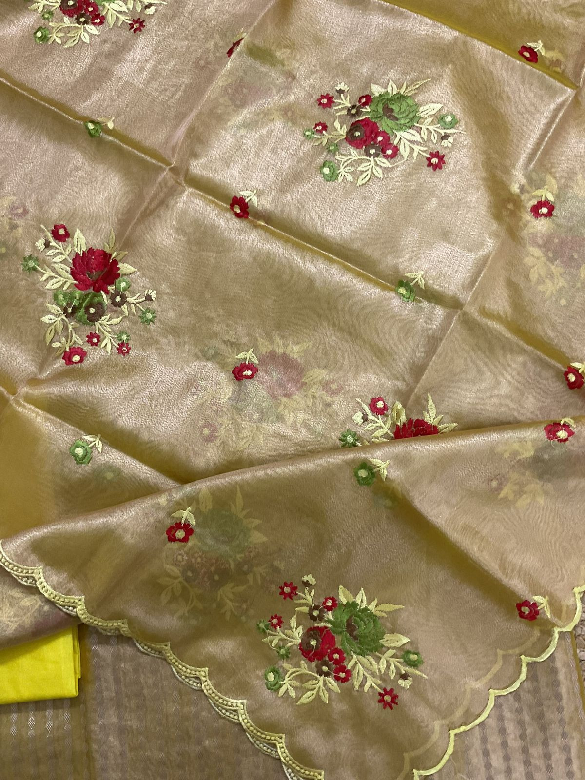 Soft Tissue Chanderi Banarasi Weaved Embroidered Suit - Yellow