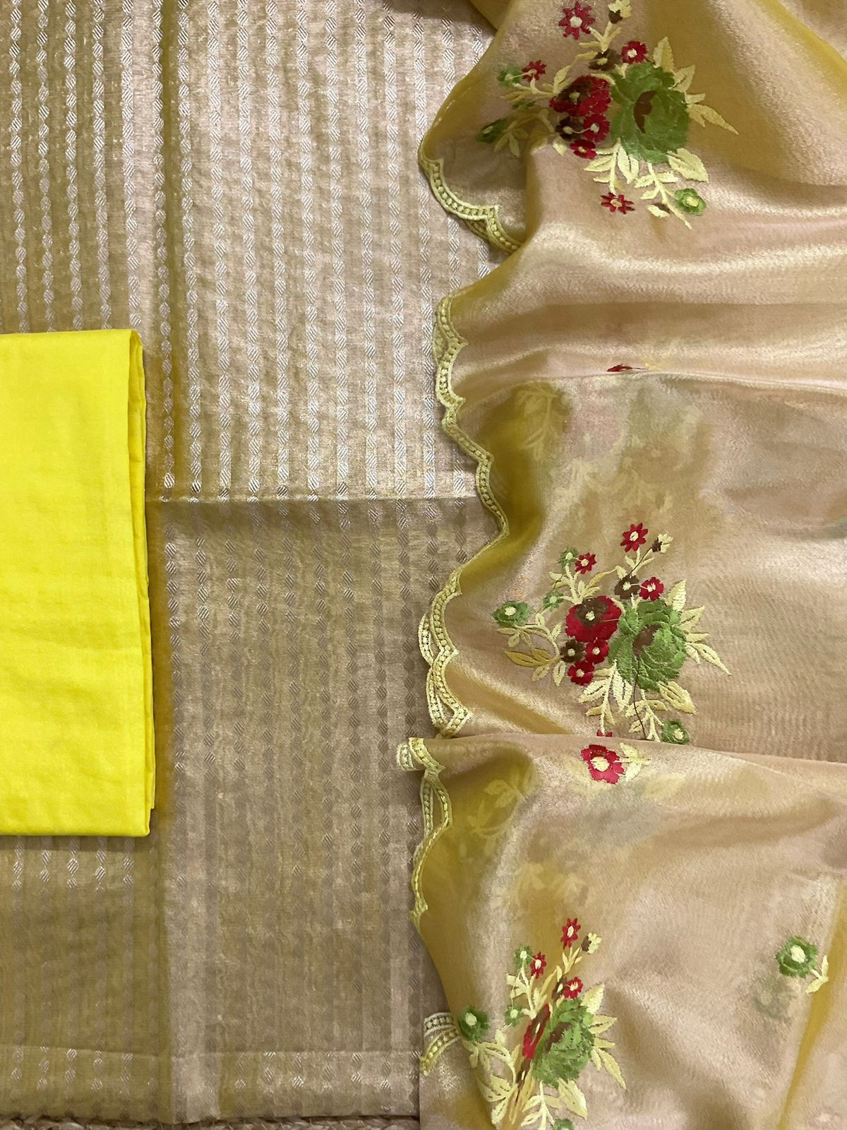 Soft Tissue Chanderi Banarasi Weaved Embroidered Suit - Yellow