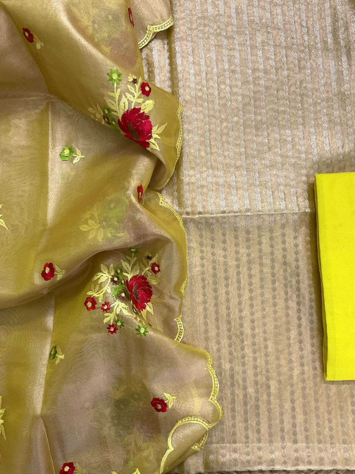 Soft Tissue Chanderi Banarasi Weaved Embroidered Suit - Yellow