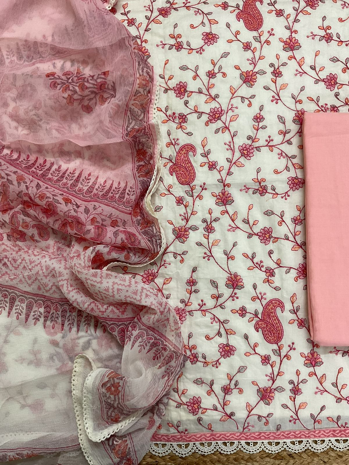 Pure Fine Mul Cotton Printed Embroidered Suit - Offwhite