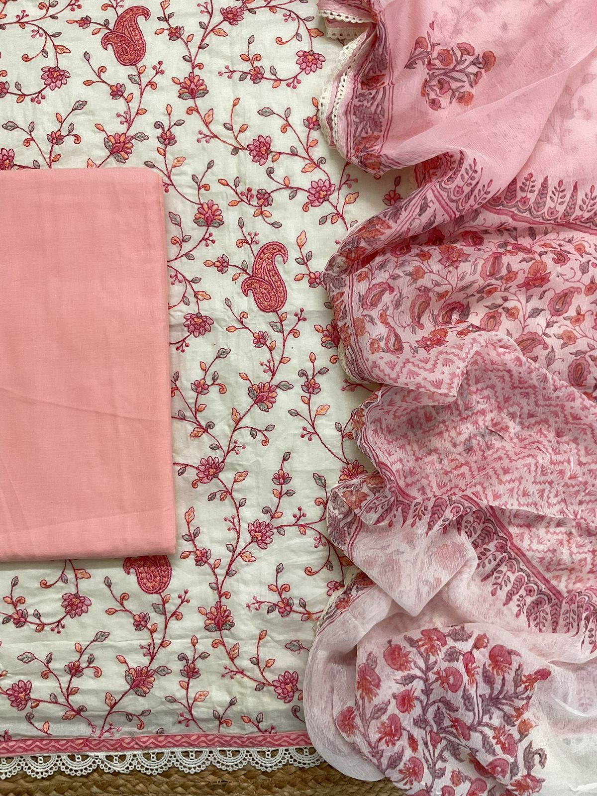 Pure Fine Mul Cotton Printed Embroidered Suit - Offwhite