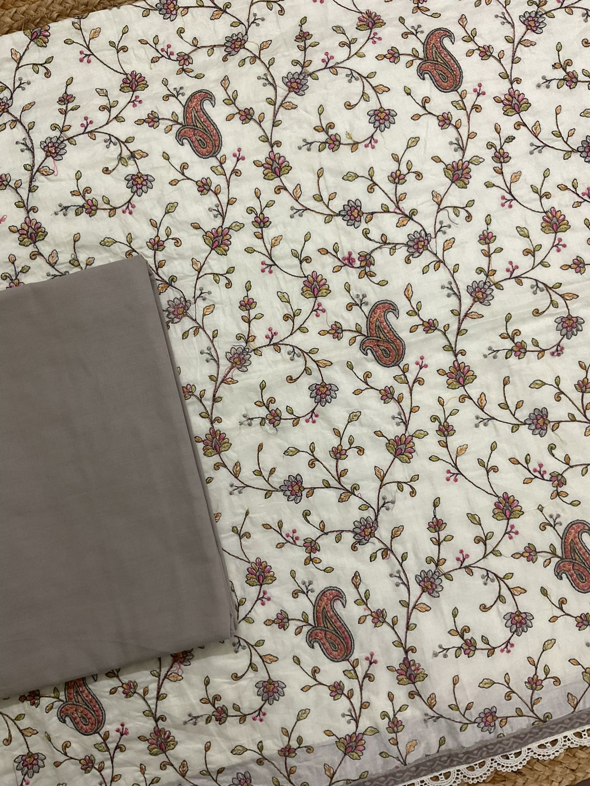 Pure Fine Mul Cotton Printed Embroidered Suit - Offwhite