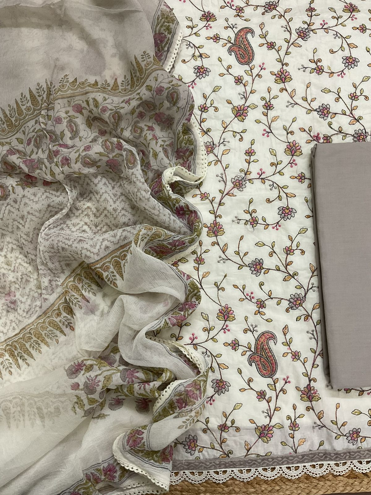 Pure Fine Mul Cotton Printed Embroidered Suit - Offwhite