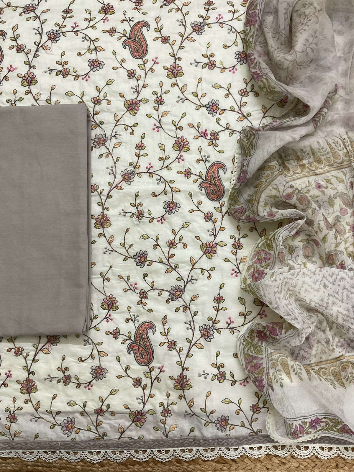 Pure Fine Mul Cotton Printed Embroidered Suit - Offwhite