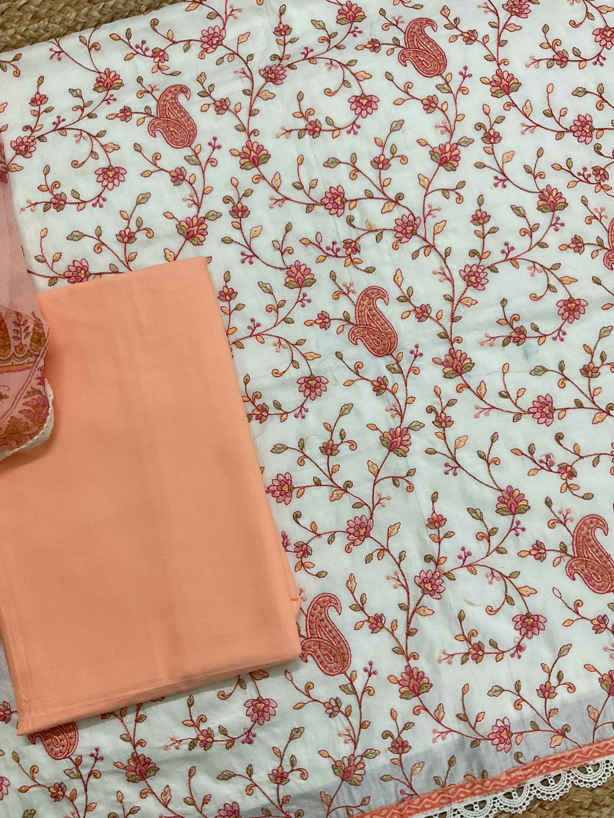 Pure Fine Mul Cotton Printed Embroidered Suit - Offwhite