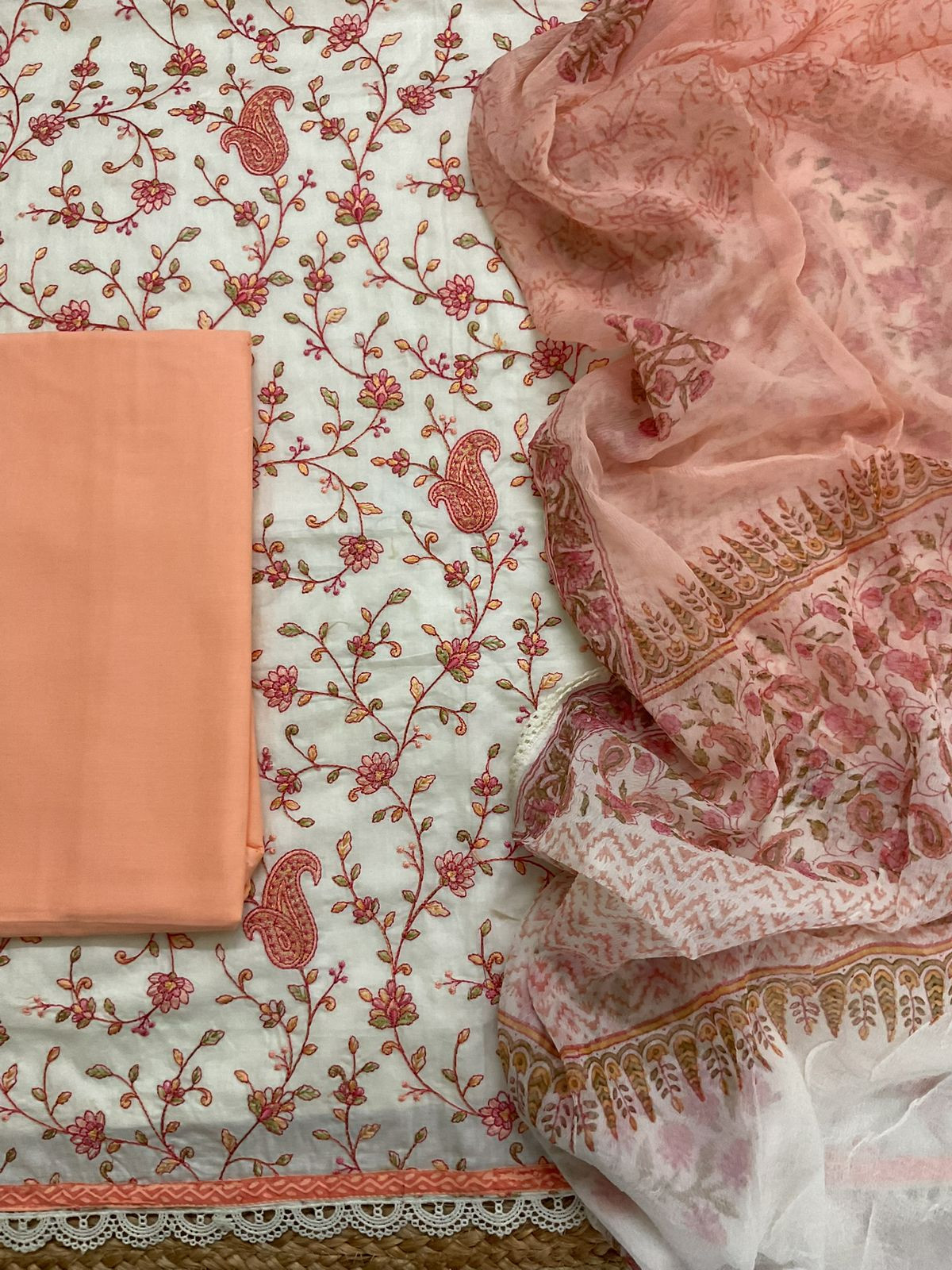 Pure Fine Mul Cotton Printed Embroidered Suit - Offwhite