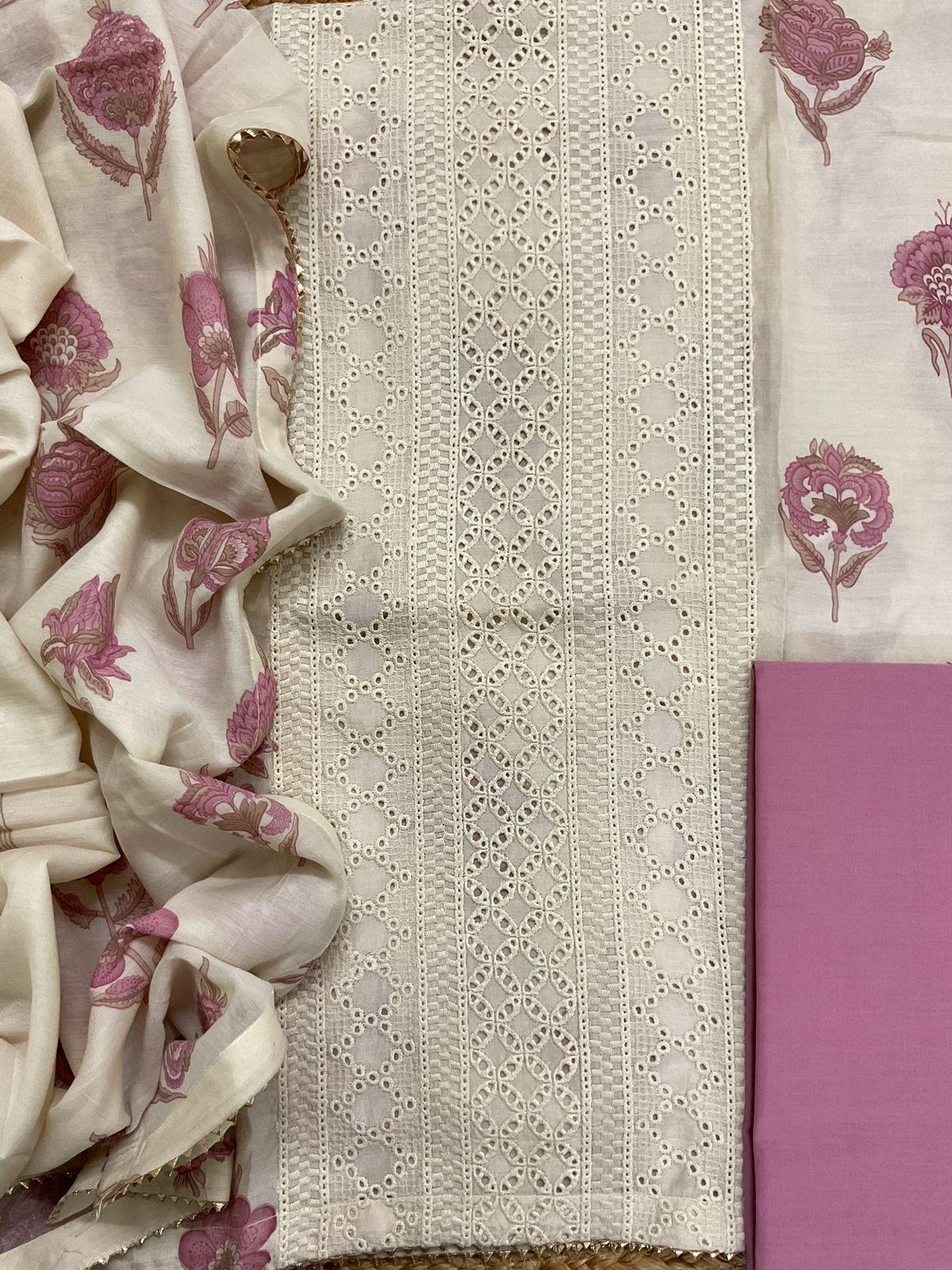 Pure Muslin Printed Embroidered Suit - Cream