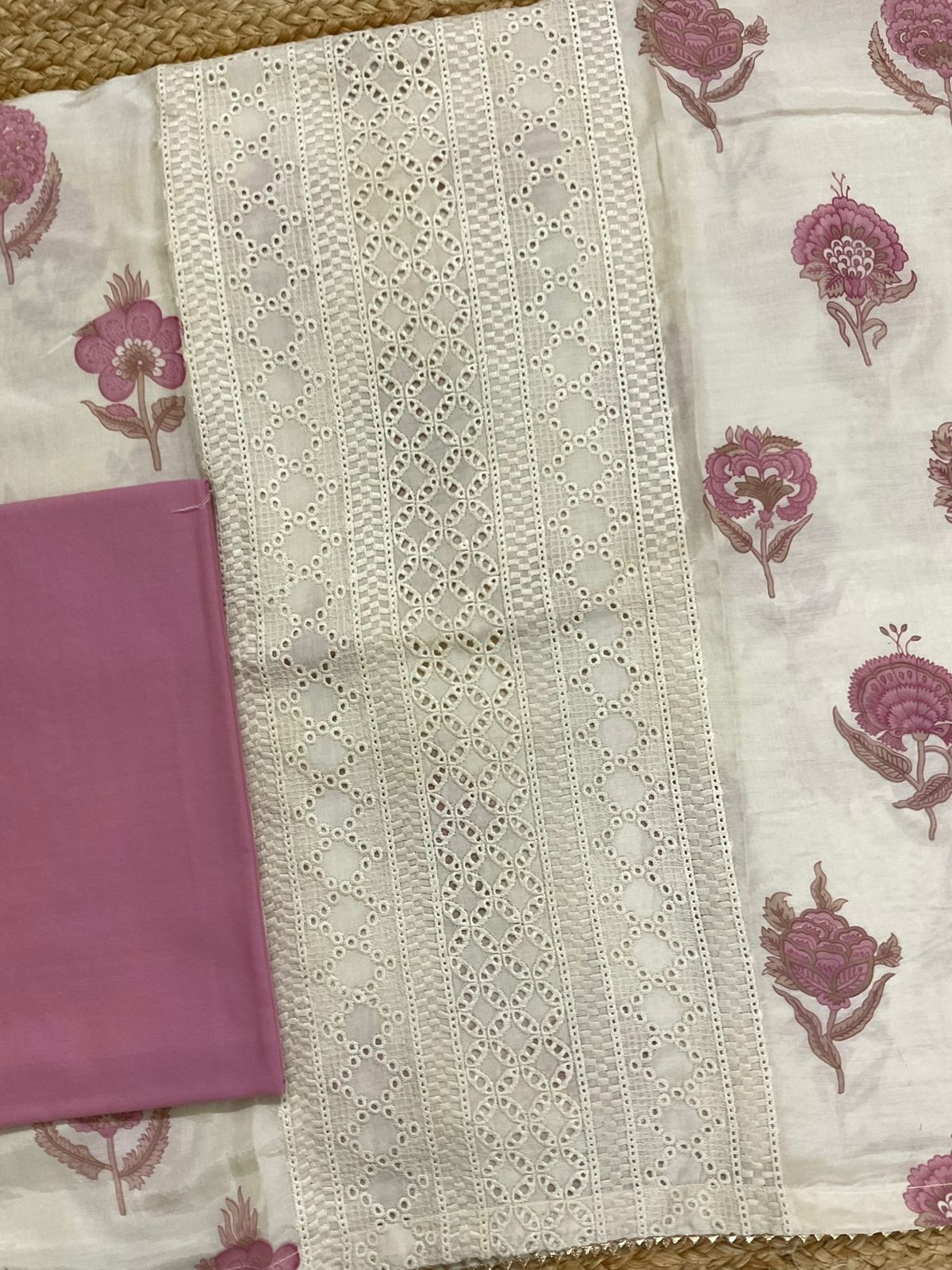 Pure Muslin Printed Embroidered Suit - Cream