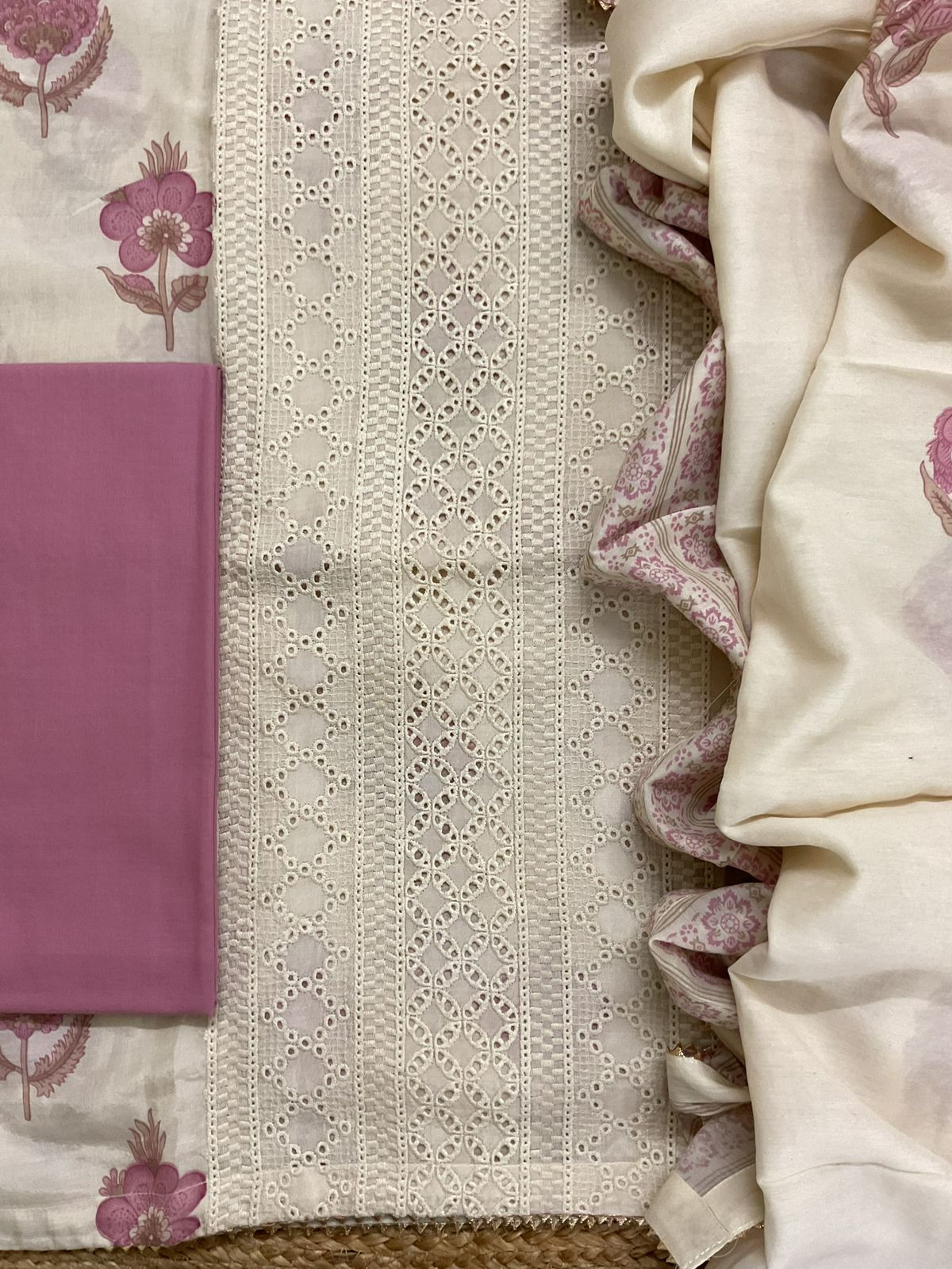 Pure Muslin Printed Embroidered Suit - Cream