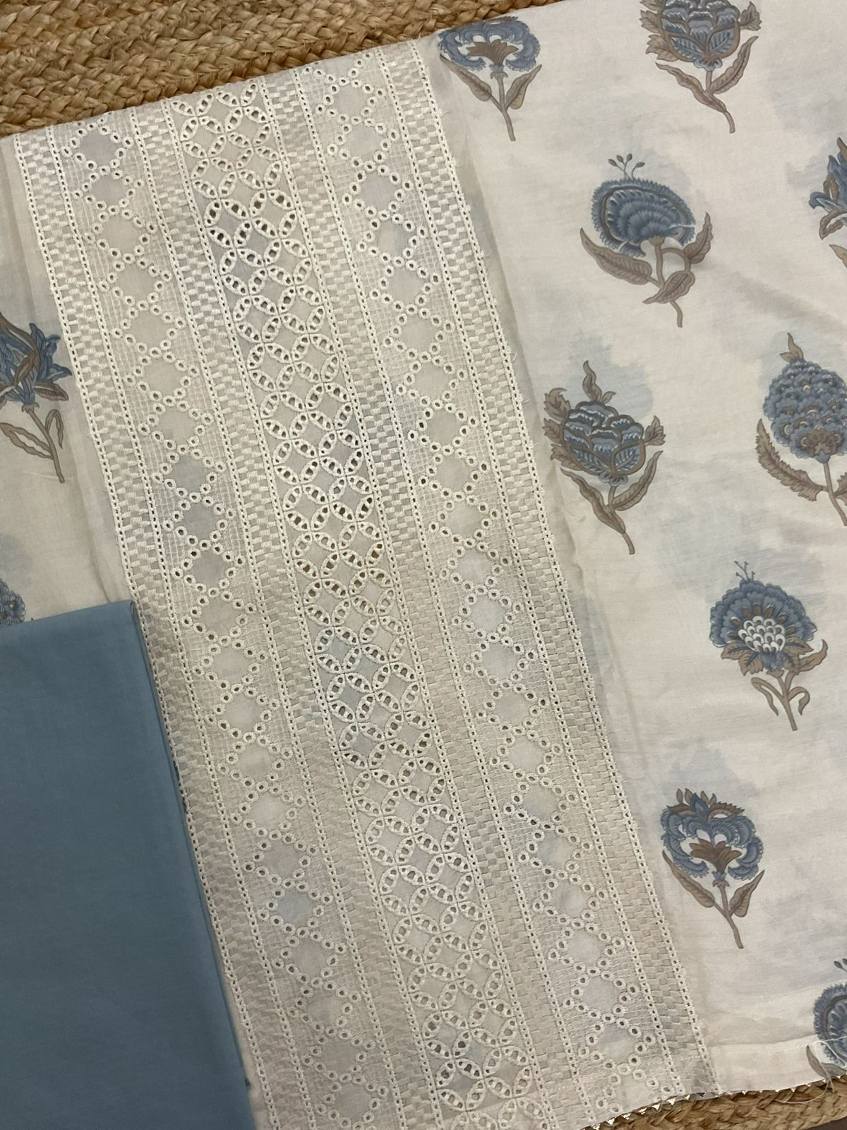 Pure Muslin Printed Embroidered Suit - Cream