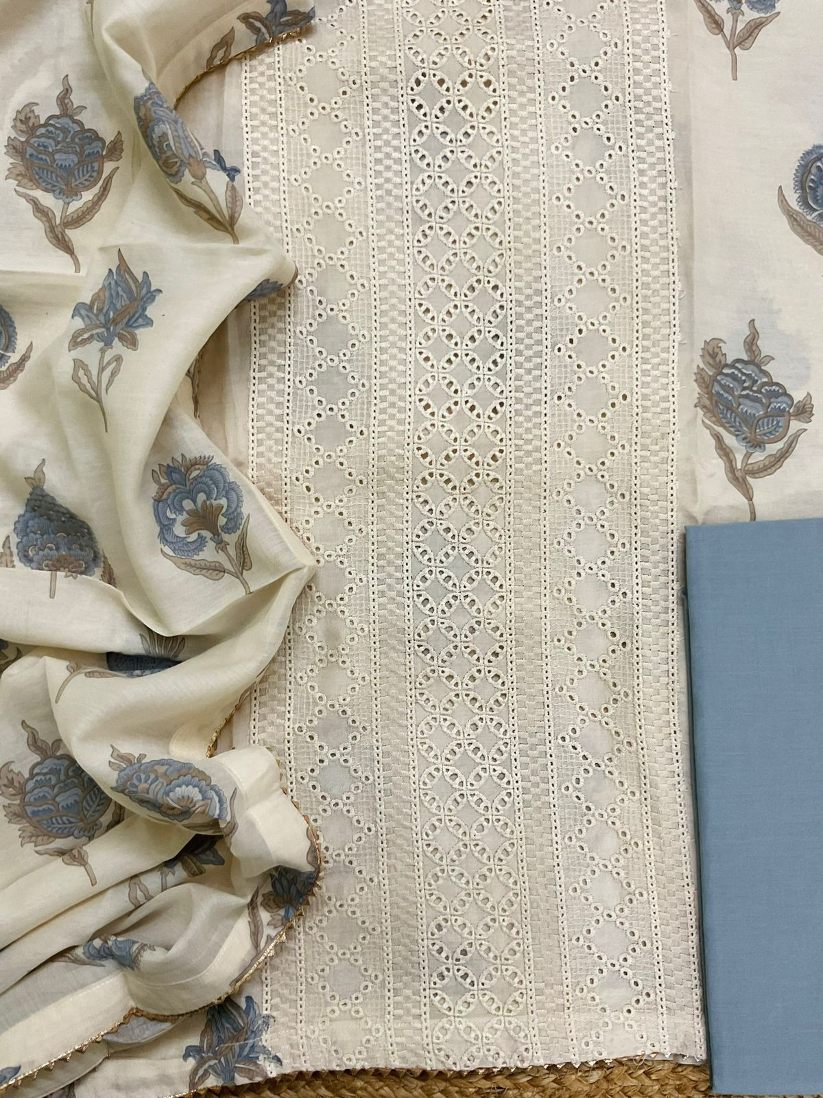 Pure Muslin Printed Embroidered Suit - Cream