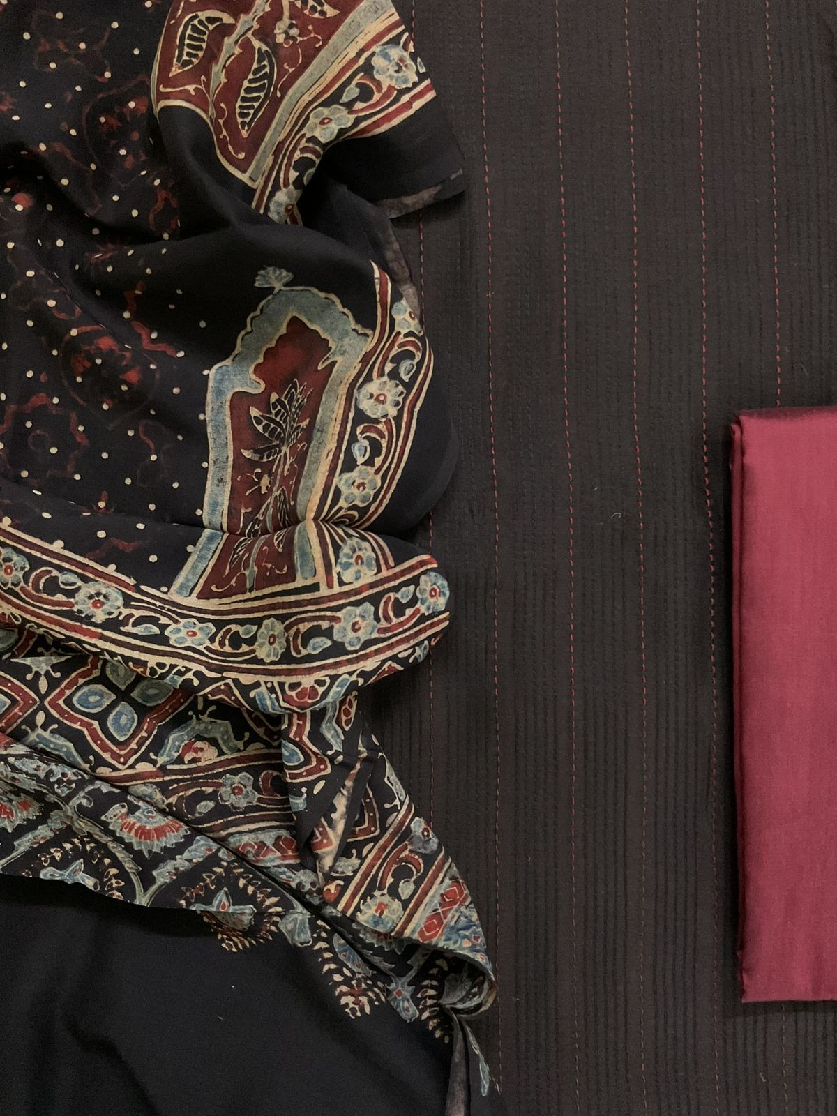 Pure Chanderi Printed Embroidered Suit - Black