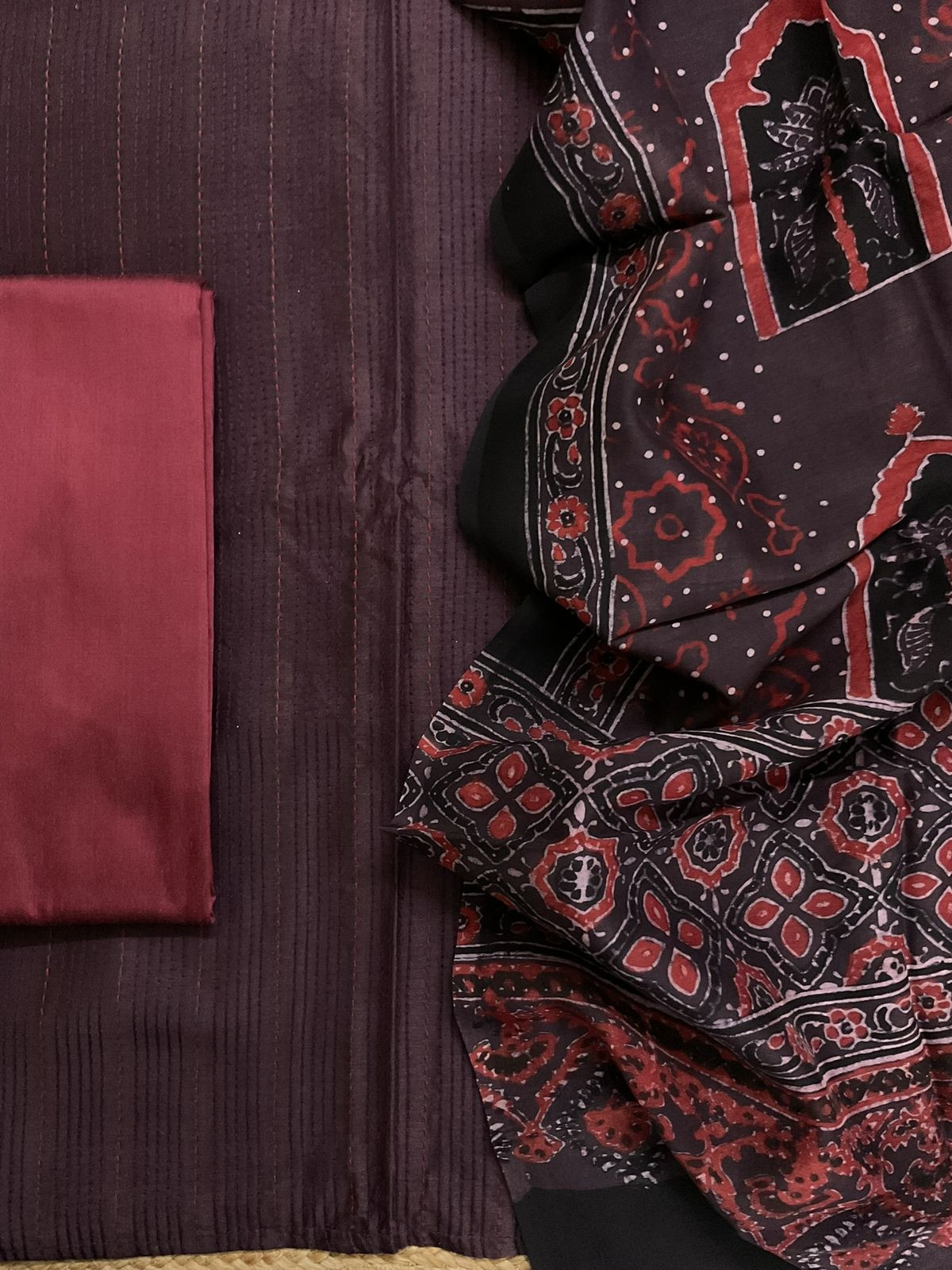 Pure Chanderi Printed Embroidered Suit - Brown