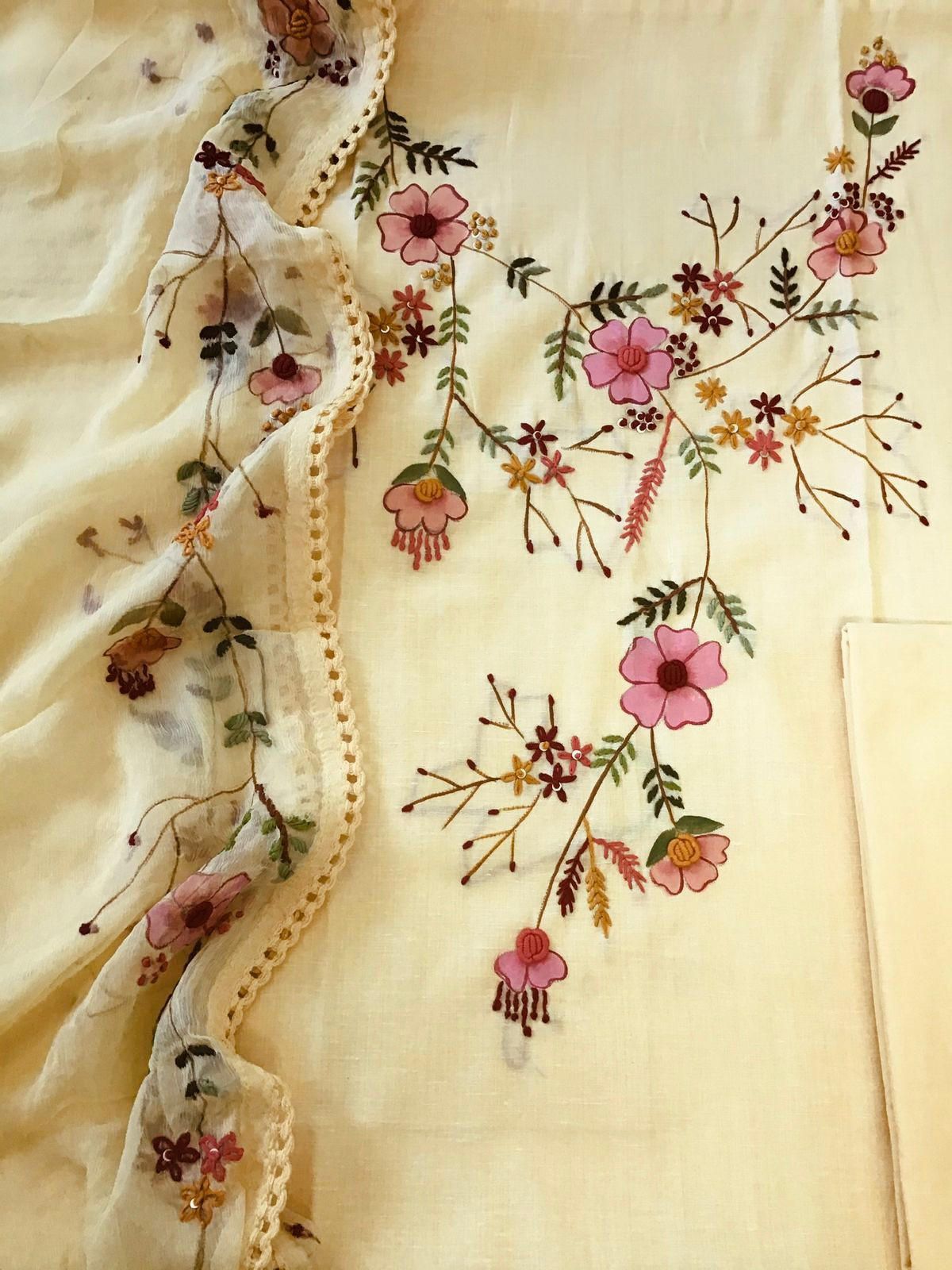 Pure Fine Handloom Cotton Brush Painted Embroidered Suit - Yellow