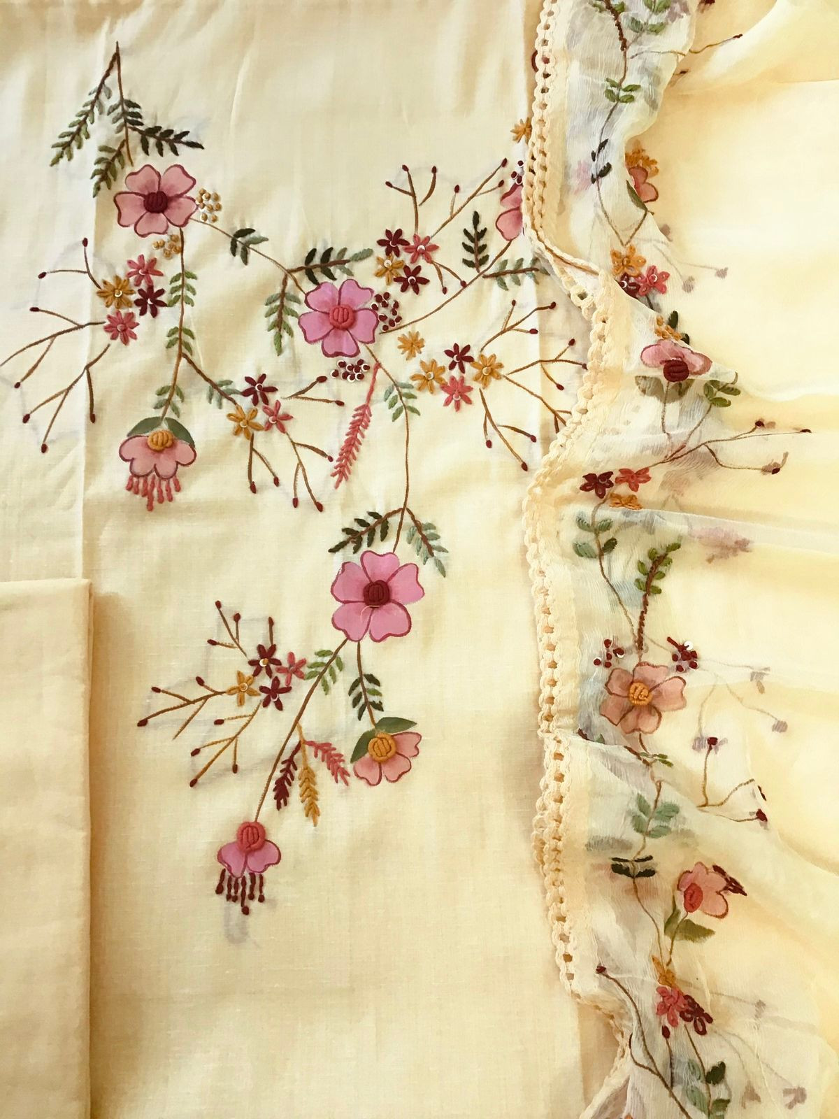 Pure Fine Handloom Cotton Brush Painted Embroidered Suit - Yellow