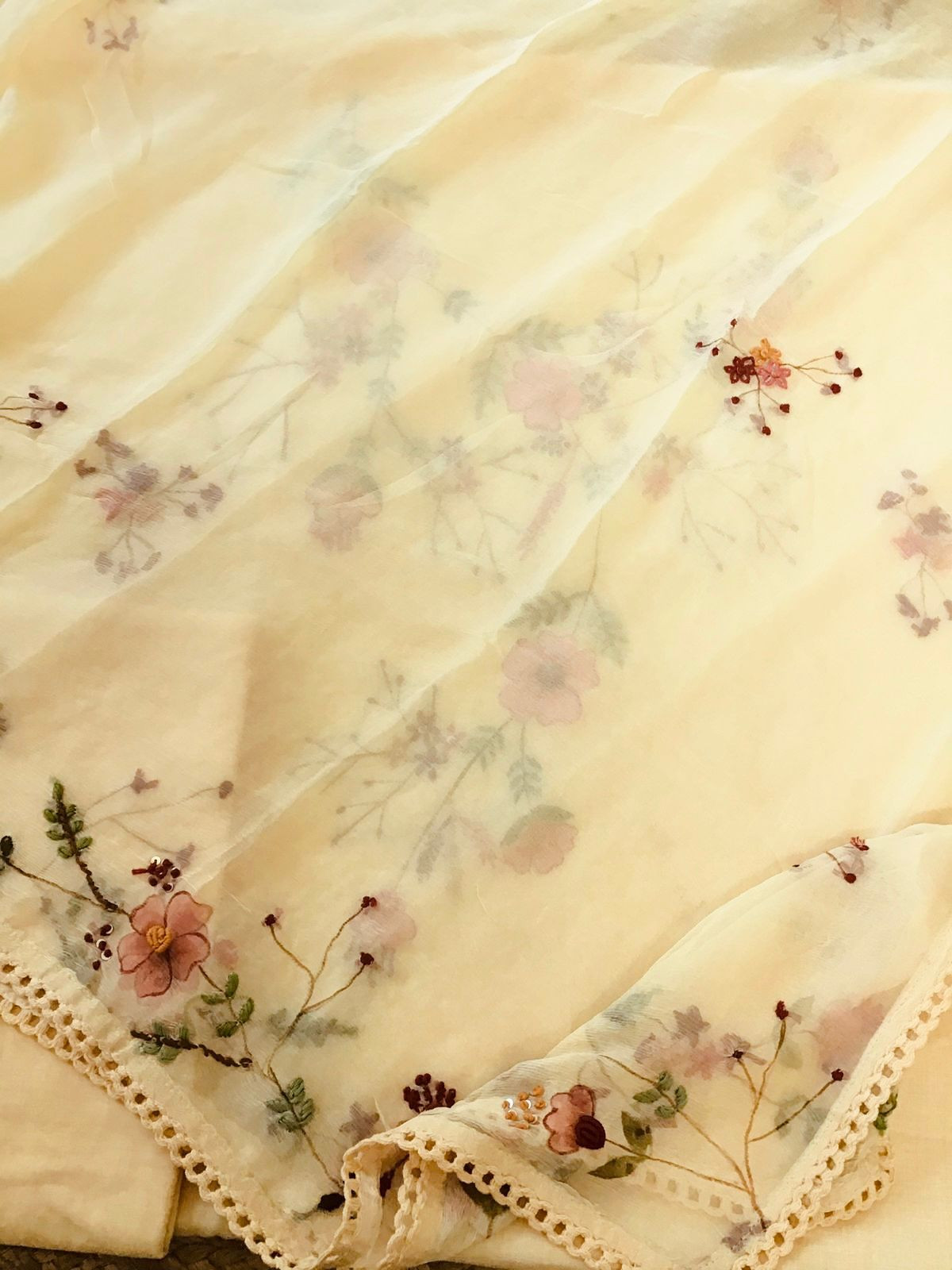 Pure Fine Handloom Cotton Brush Painted Embroidered Suit - Yellow