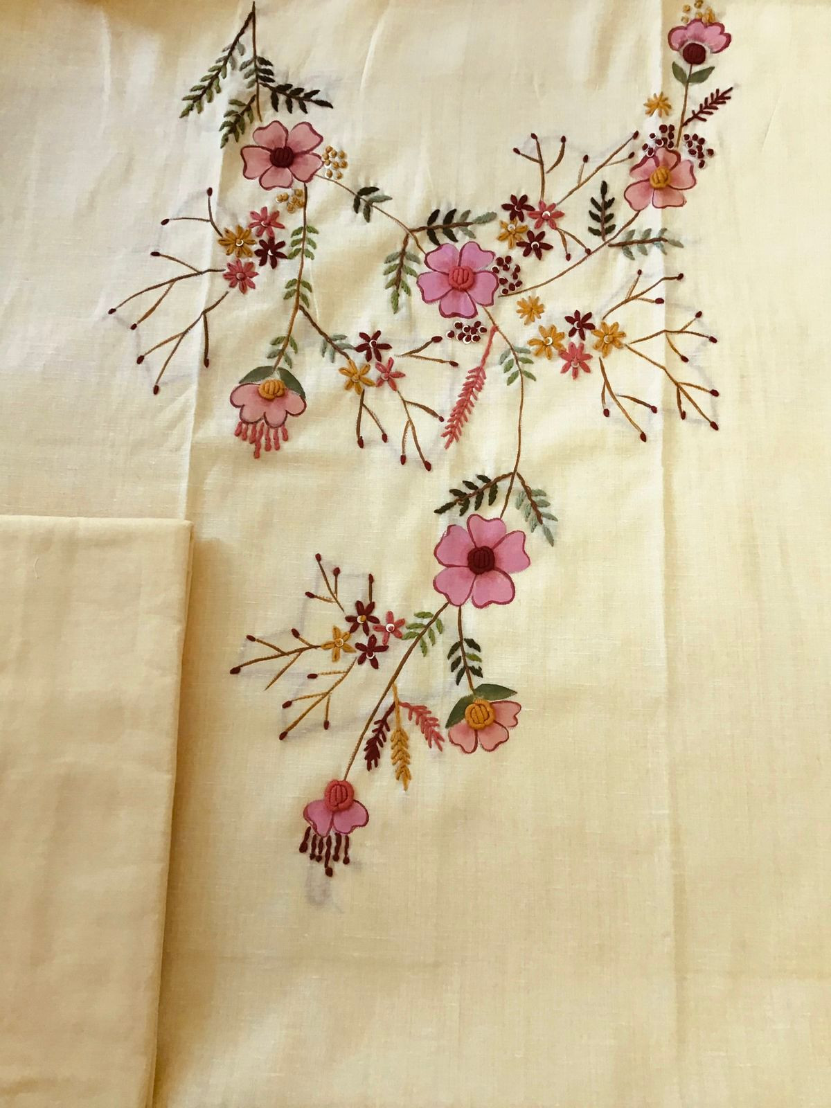 Pure Fine Handloom Cotton Brush Painted Embroidered Suit - Yellow