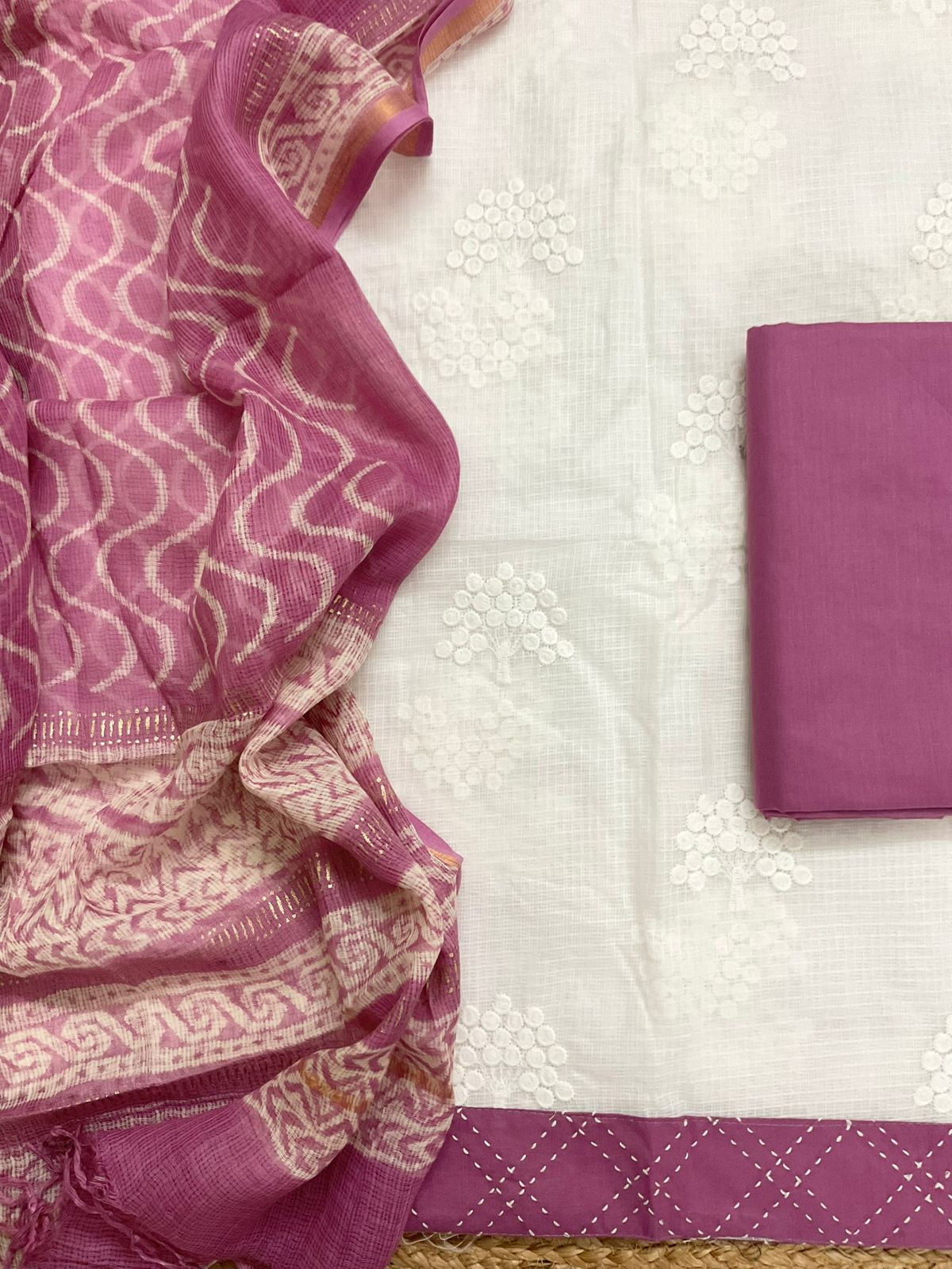 Soft Kota Cotton Printed Embroidered Suit - White