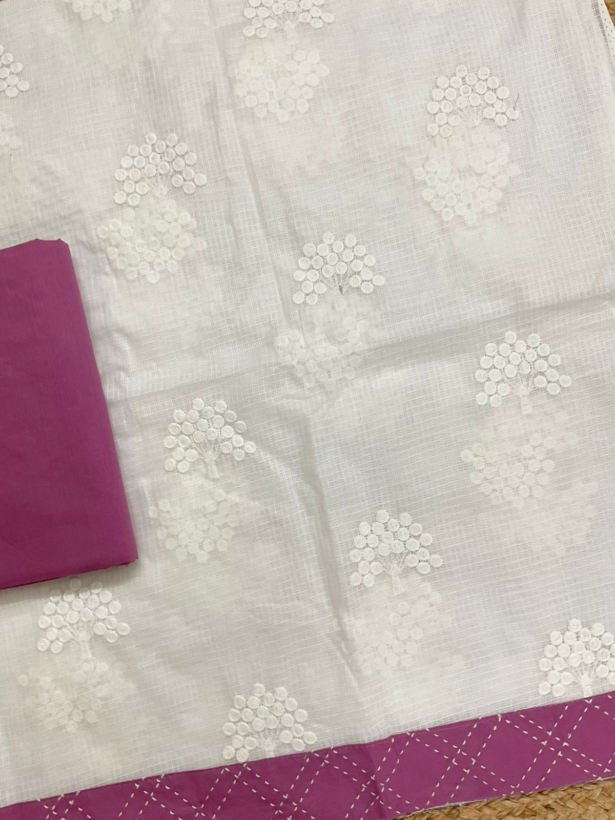 Soft Kota Cotton Printed Embroidered Suit - White