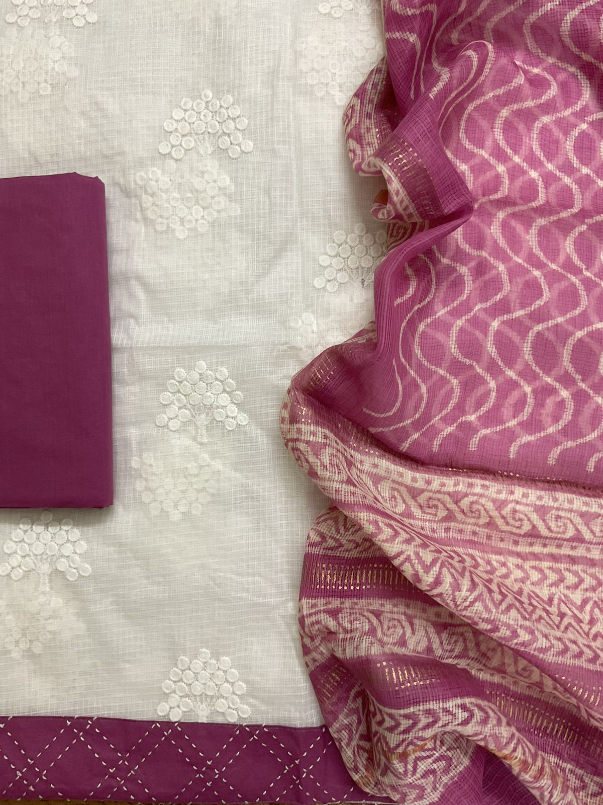 Soft Kota Cotton Printed Embroidered Suit - White