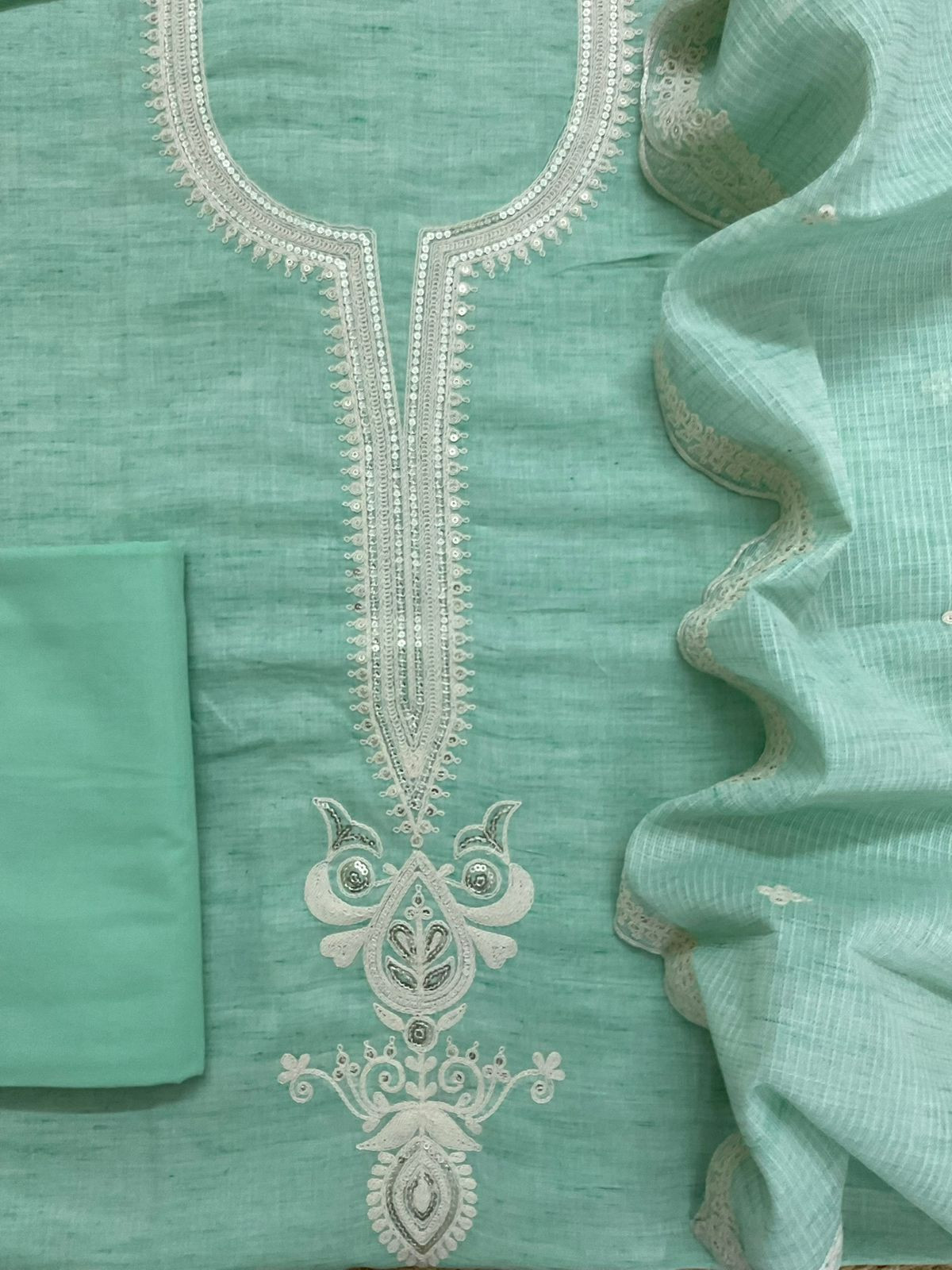 Pure Fine Handloom Cotton Embroidered Suit - Sea Green