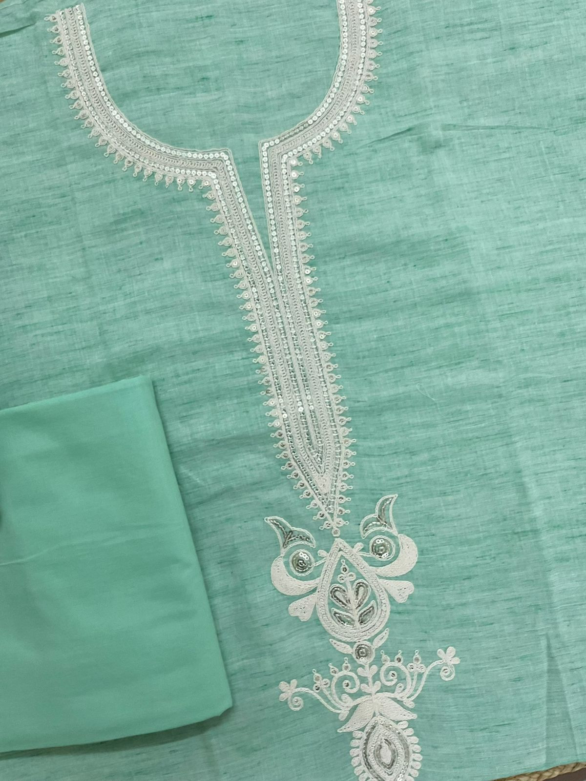 Pure Fine Handloom Cotton Embroidered Suit - Sea Green