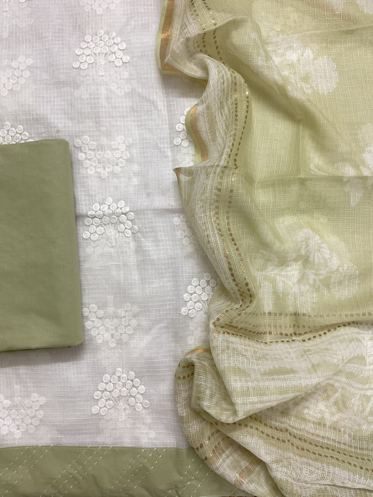 Soft Kota Cotton Printed Embroidered Suit - White