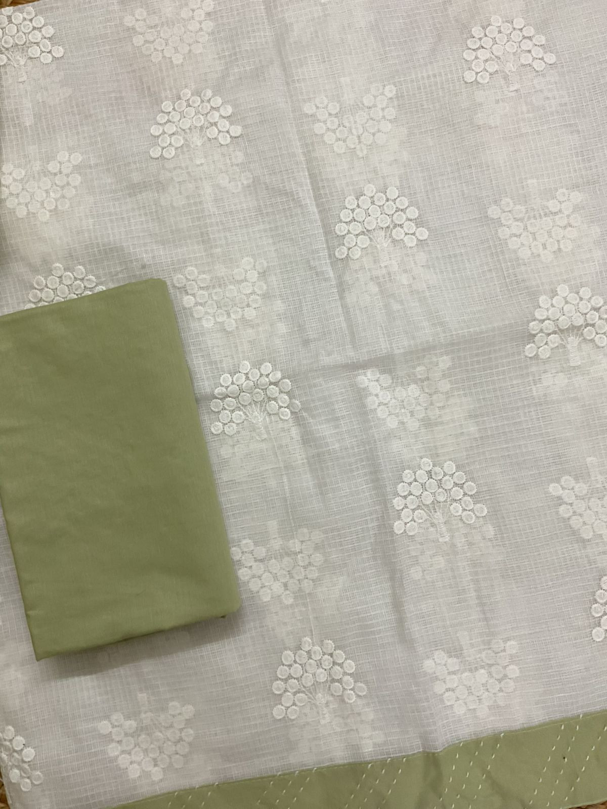 Soft Kota Cotton Printed Embroidered Suit - White