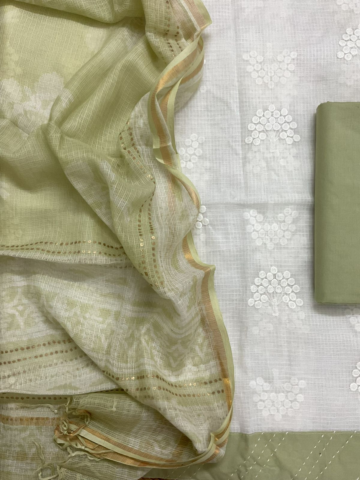 Soft Kota Cotton Printed Embroidered Suit - White