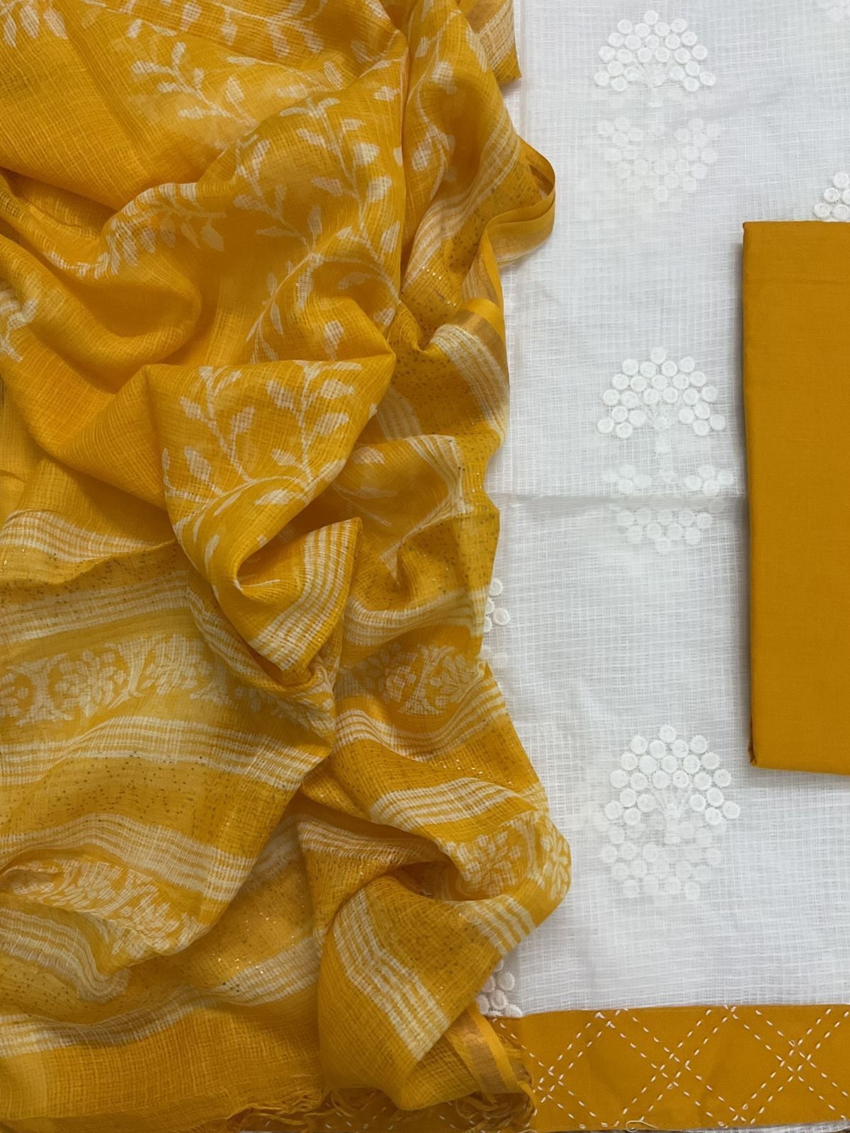 Soft Kota Cotton Printed Embroidered Suit - White